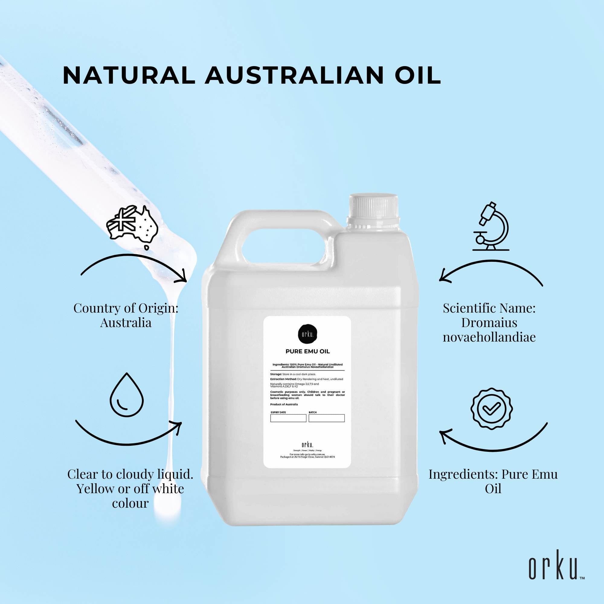 Orku 5L Pure Emu Oil - Natural Undiluted Australian Dromaius Novaehollandiae V238-SUPDZ-40881380294736
