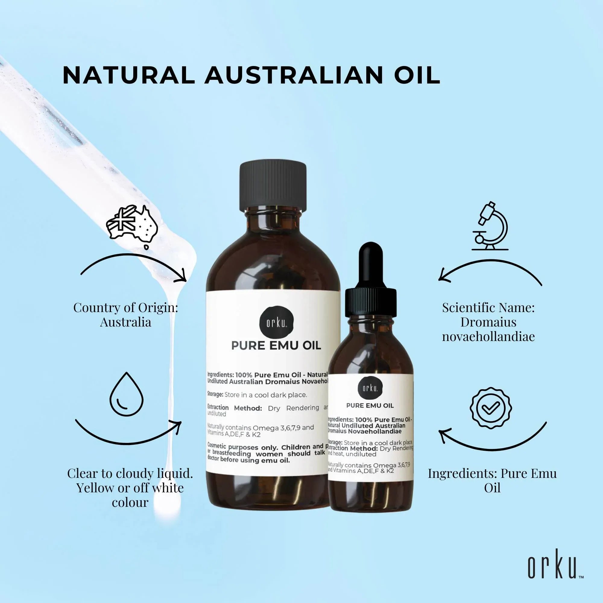 Orku 250ml Pure Emu Oil + Bonus 25ml Bottle - Australian Dromaius Novaehollandiae V238-SUPDZ-40895307055184