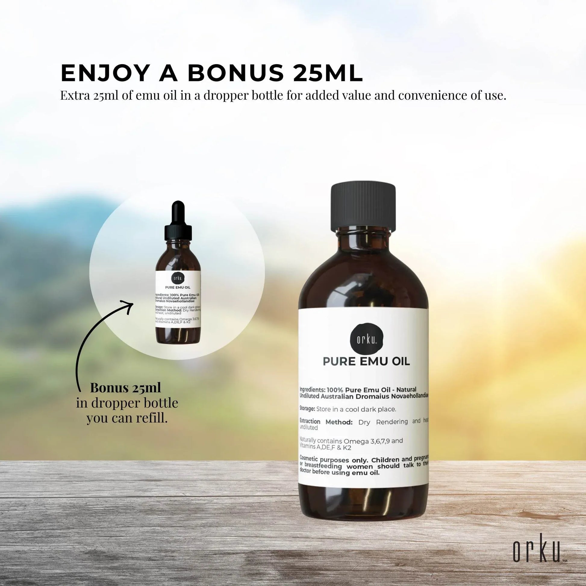 Orku 250ml Pure Emu Oil + Bonus 25ml Bottle - Australian Dromaius Novaehollandiae V238-SUPDZ-40895307055184