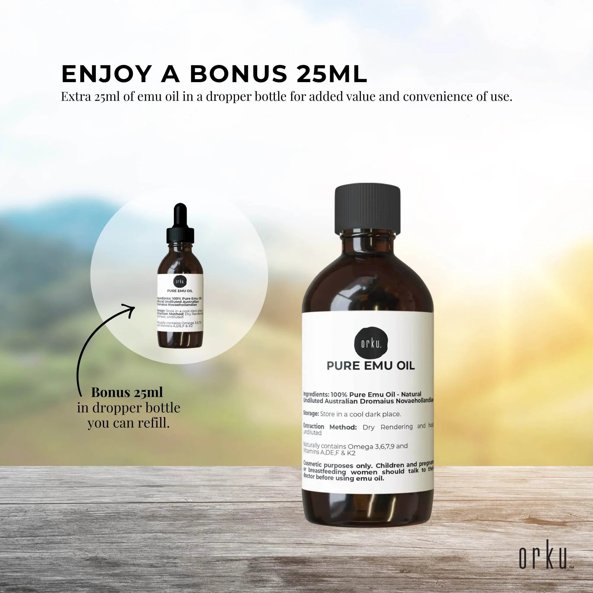 Orku 250ml Pure Emu Oil + Bonus 25ml Bottle - Australian Dromaius Novaehollandiae V238-SUPDZ-40895307055184