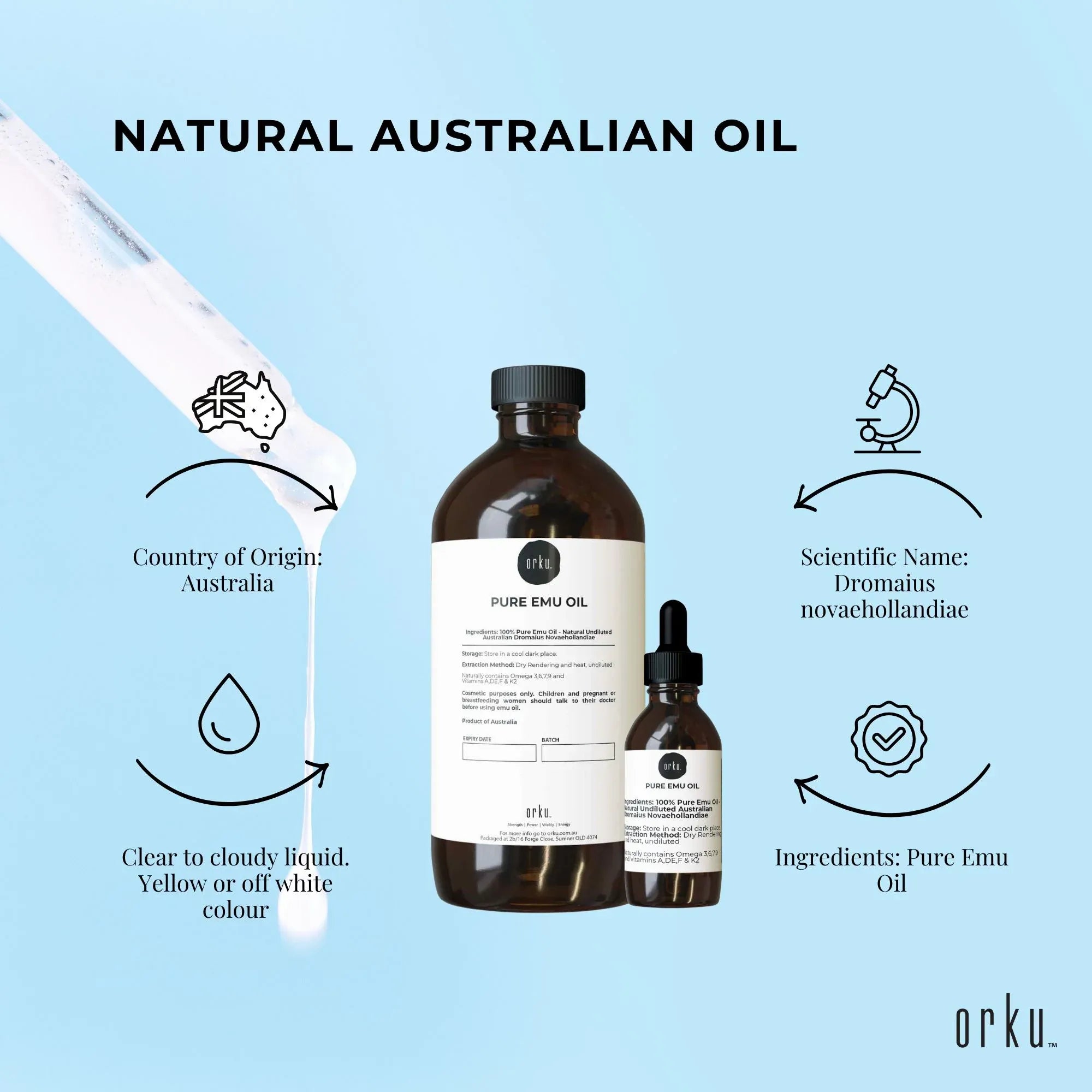Orku 500ml Pure Emu Oil + Bonus 25ml Bottle - Australian Dromaius Novaehollandiae V238-SUPDZ-40895332253776