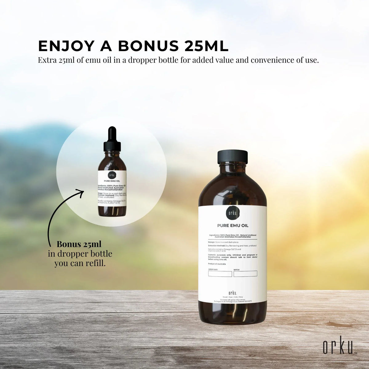 Orku 500ml Pure Emu Oil + Bonus 25ml Bottle - Australian Dromaius Novaehollandiae V238-SUPDZ-40895332253776