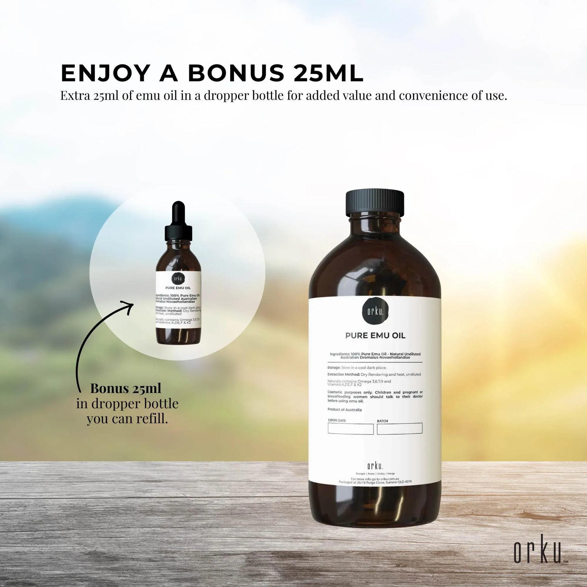Orku 1L Pure Emu Oil + Bonus 25ml Bottle - Australian Dromaius Novaehollandiae V238-SUPDZ-40895335268432