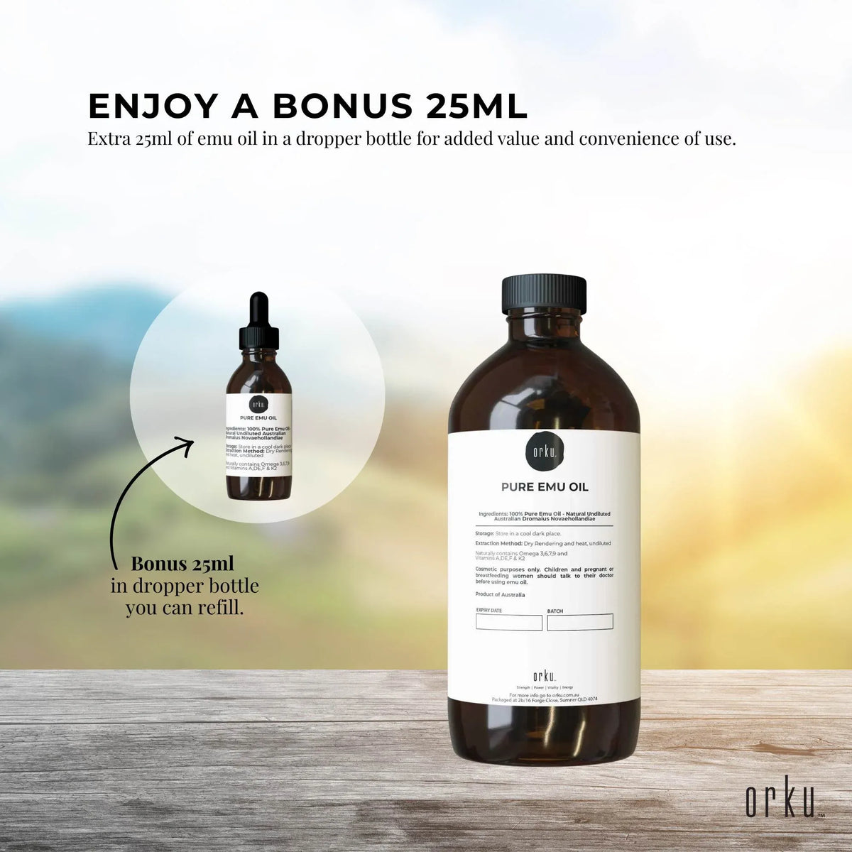 Orku 1L Pure Emu Oil + Bonus 25ml Bottle - Australian Dromaius Novaehollandiae V238-SUPDZ-40895335268432