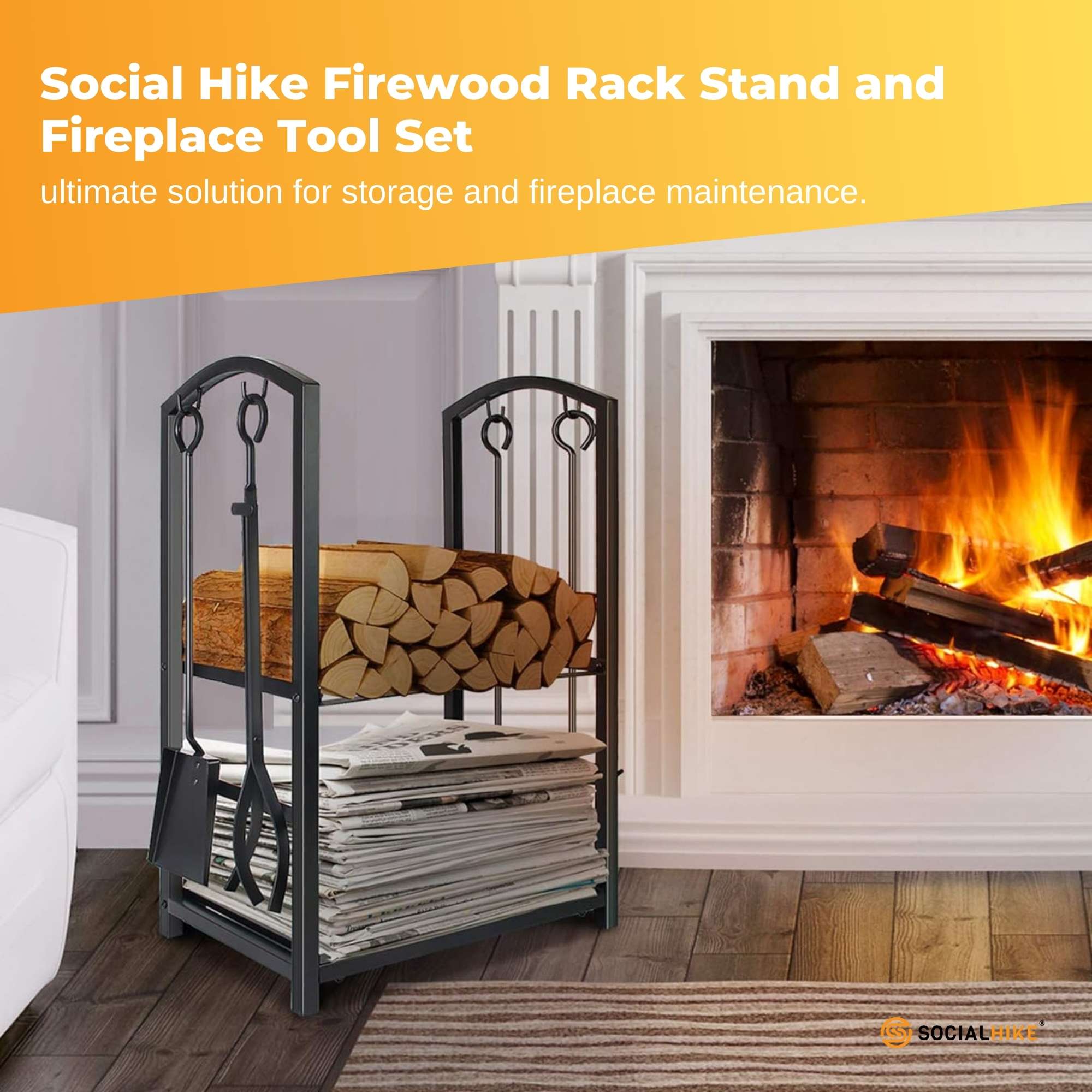 Social Hike Firewood Rack Stand and Fireplace Tool Set for Log Holder Storage V238-SUPDZ-40898257813584