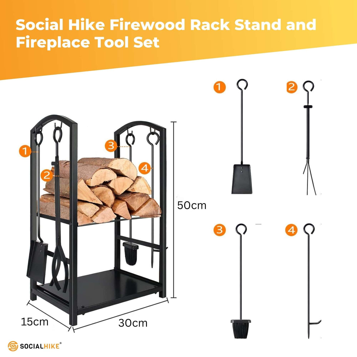 Social Hike Firewood Rack Stand and Fireplace Tool Set for Log Holder Storage V238-SUPDZ-40898257813584