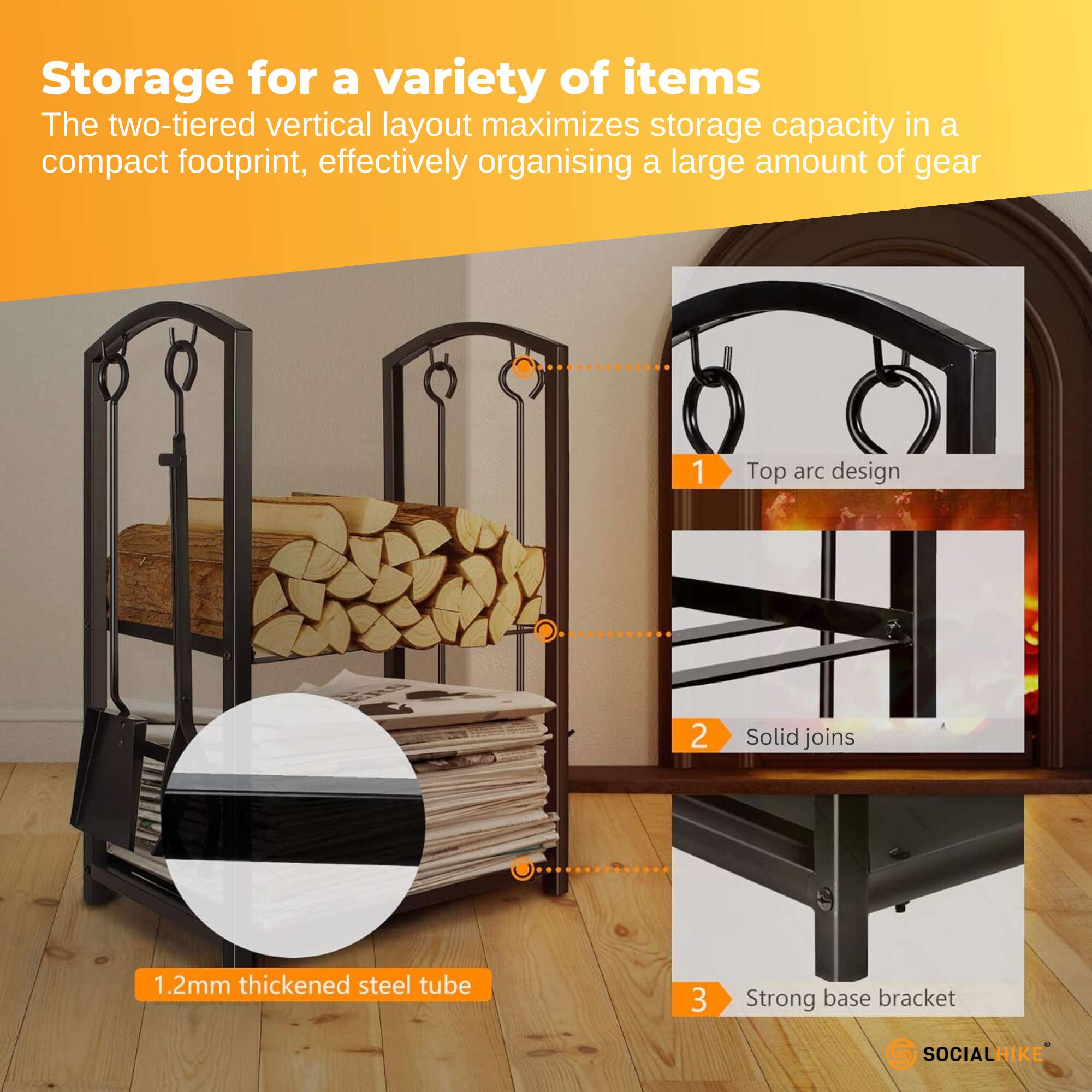 Social Hike Firewood Rack Stand and Fireplace Tool Set for Log Holder Storage V238-SUPDZ-40898257813584