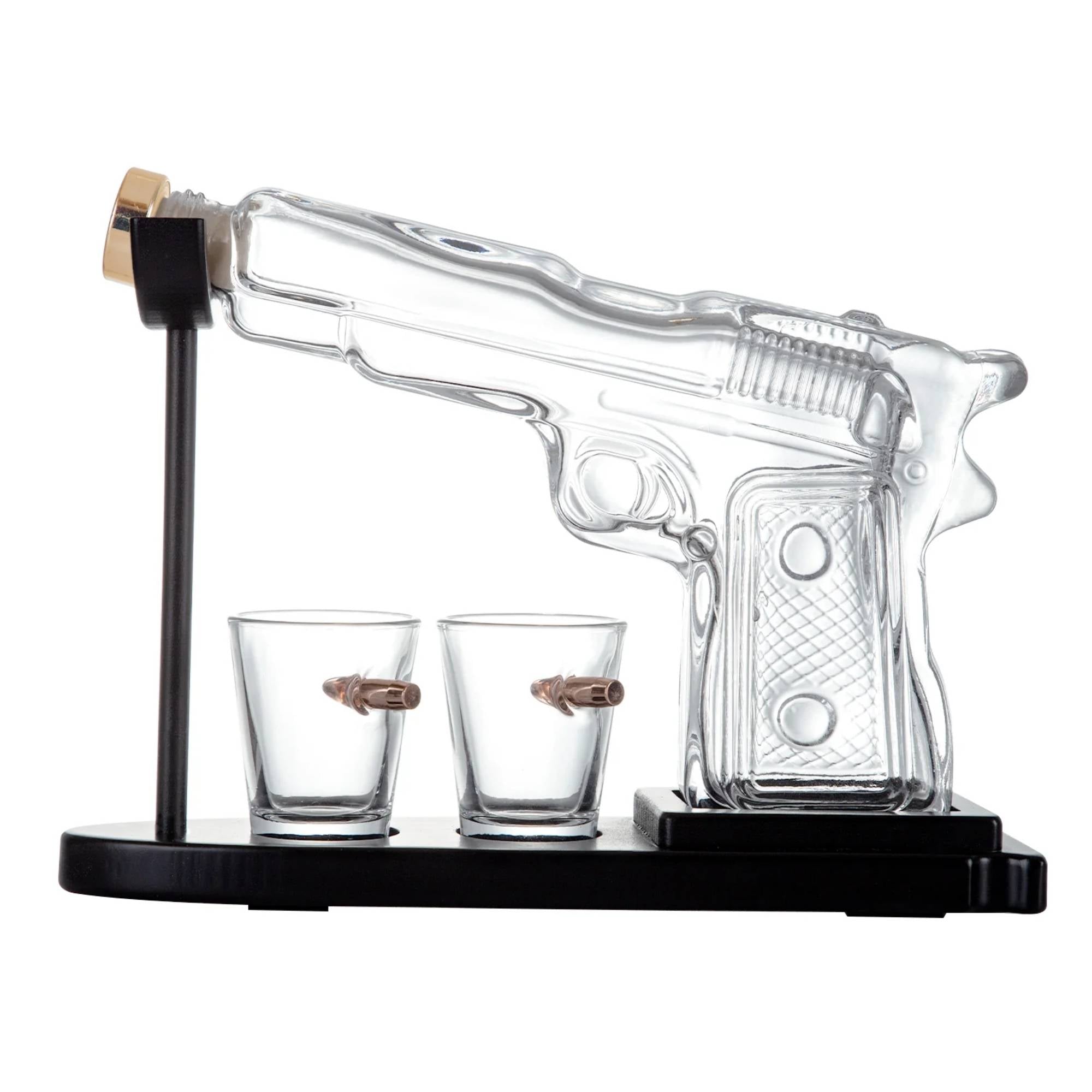 225mL Whisky or Wine Decanter Glass Pistol Set - 2 Shot Glasses + Wooden Stand V238-SUPDZ-40998012223568