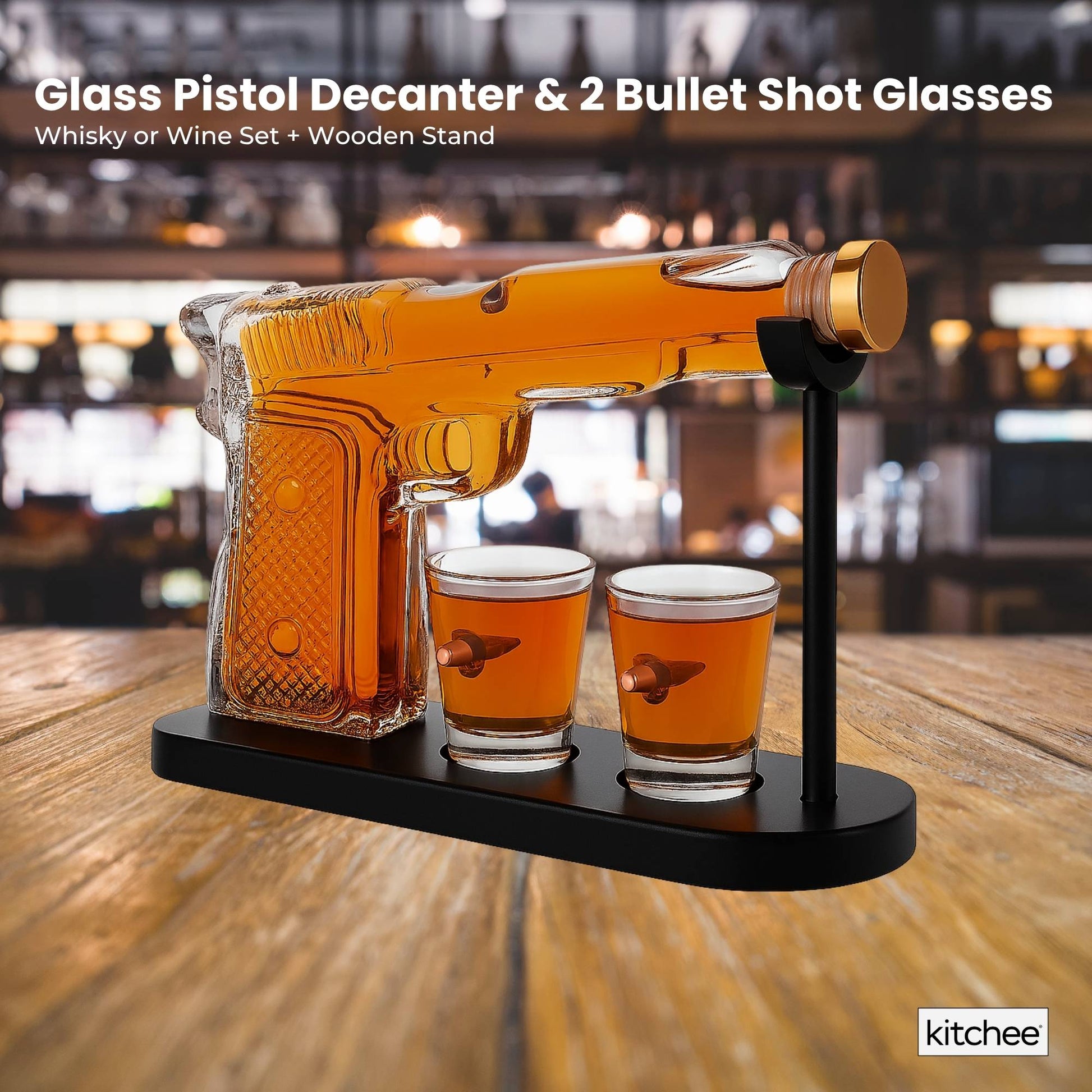 225mL Whisky or Wine Decanter Glass Pistol Set - 2 Shot Glasses + Wooden Stand V238-SUPDZ-40998012223568