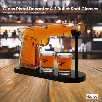225mL Whisky or Wine Decanter Glass Pistol Set - 2 Shot Glasses + Wooden Stand V238-SUPDZ-40998012223568