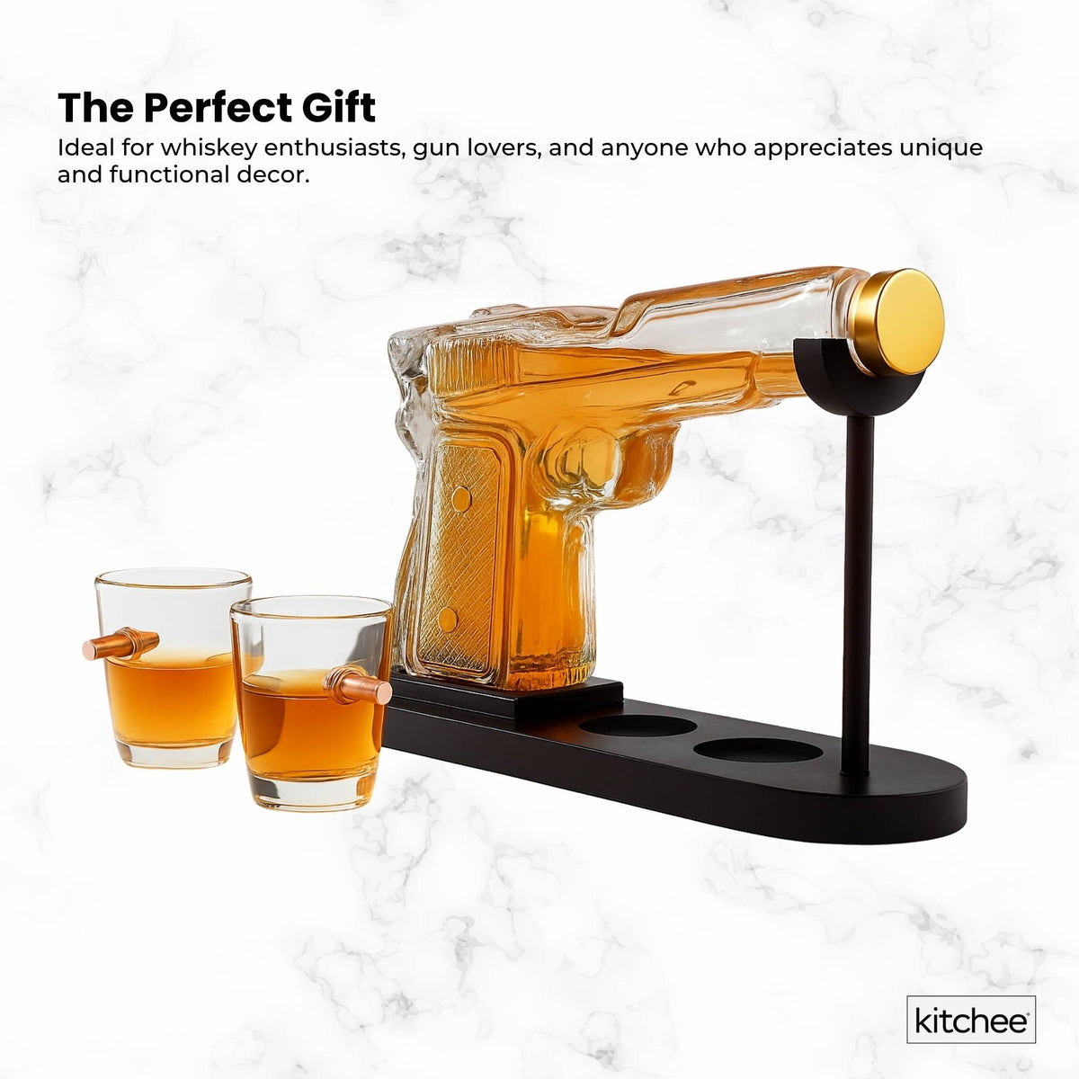 225mL Whisky or Wine Decanter Glass Pistol Set - 2 Shot Glasses + Wooden Stand V238-SUPDZ-40998012223568