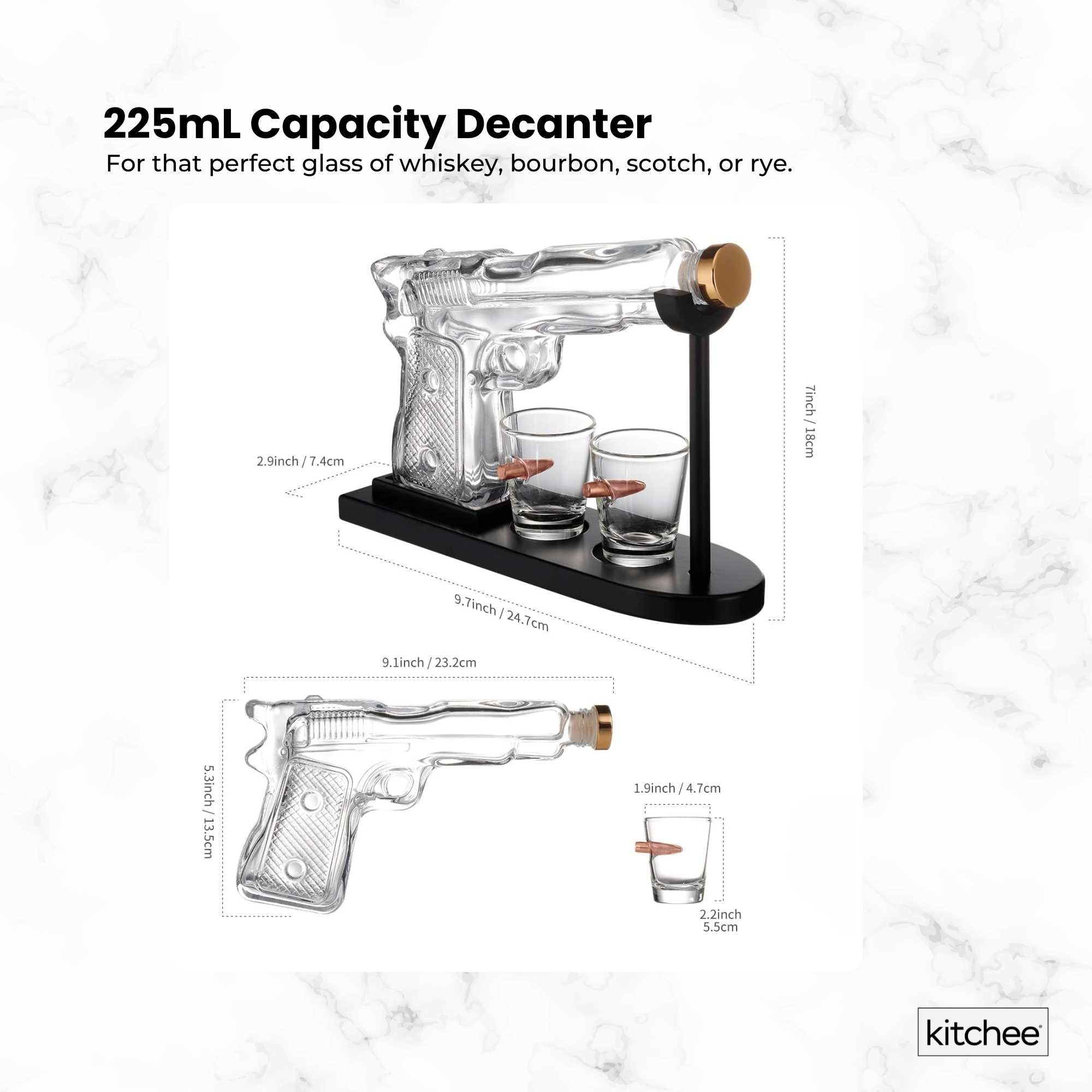 225mL Whisky or Wine Decanter Glass Pistol Set - 2 Shot Glasses + Wooden Stand V238-SUPDZ-40998012223568