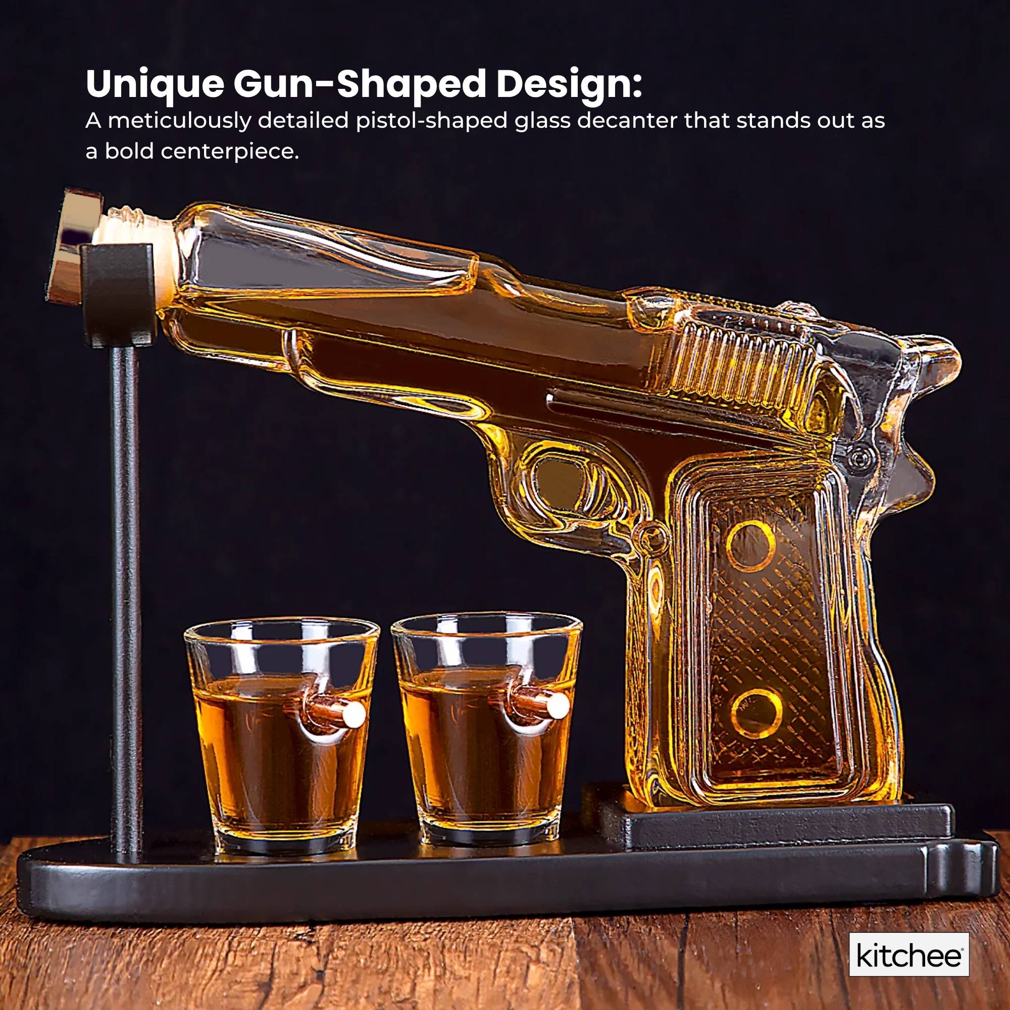 225mL Whisky or Wine Decanter Glass Pistol Set - 2 Shot Glasses + Wooden Stand V238-SUPDZ-40998012223568