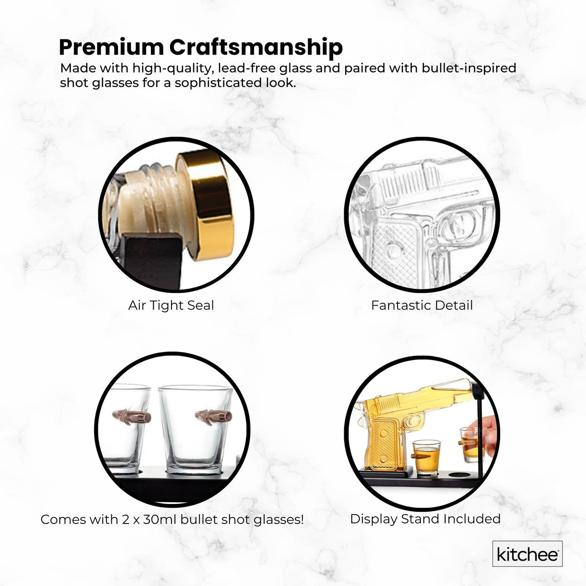 225mL Whisky or Wine Decanter Glass Pistol Set - 2 Shot Glasses + Wooden Stand V238-SUPDZ-40998012223568