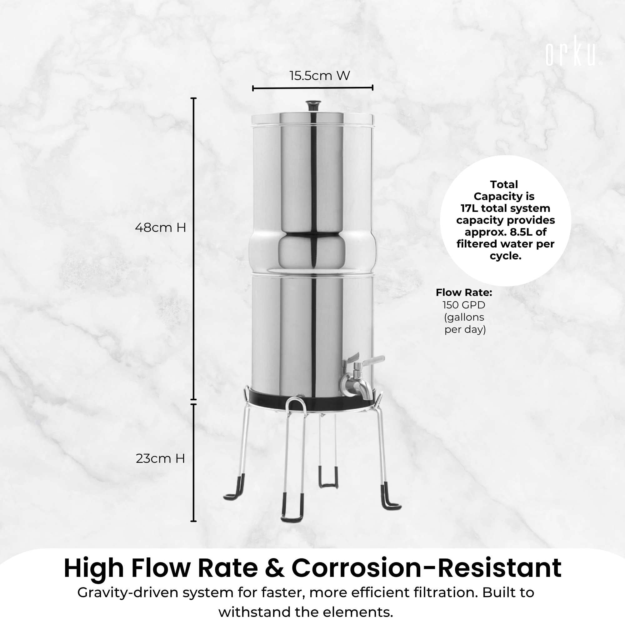 Orku 17L Gravity Benchtop Water Filter System - Stainless Steel V238-SUPDZ-41002478370896
