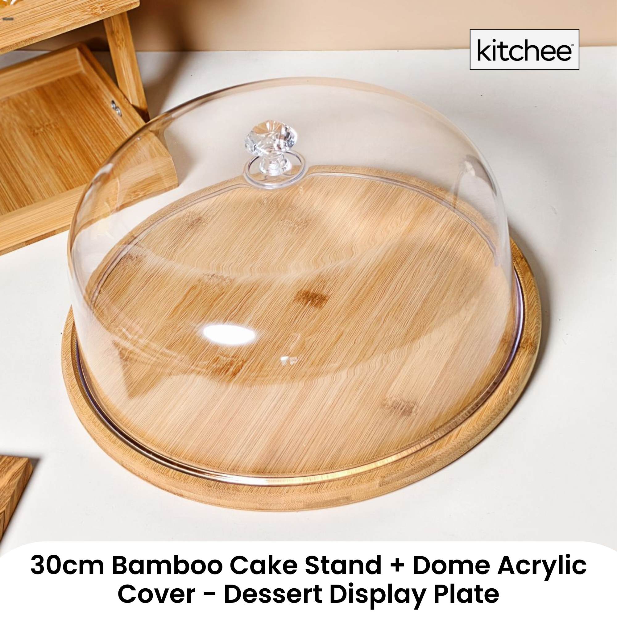 Kitchee 30cm Bamboo Cake Stand + Dome Acrylic Cover - Dessert Display Plate V238-SUPDZ-41002621763664