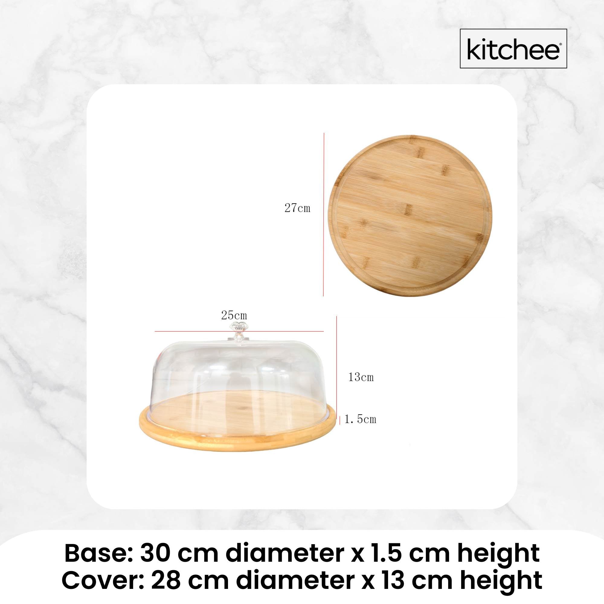 Kitchee 30cm Bamboo Cake Stand + Dome Acrylic Cover - Dessert Display Plate V238-SUPDZ-41002621763664