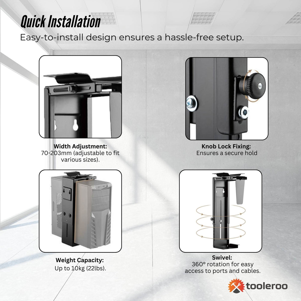 Tooleroo Under Desk CPU Holder PC Mount - Adjustable 360 Degree Rotation Rack V238-SUPDZ-41010225676368