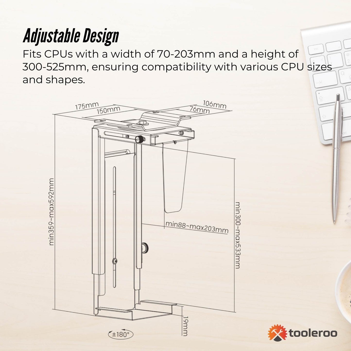 Tooleroo Under Desk CPU Holder PC Mount - Adjustable 360 Degree Rotation Rack V238-SUPDZ-41010225676368