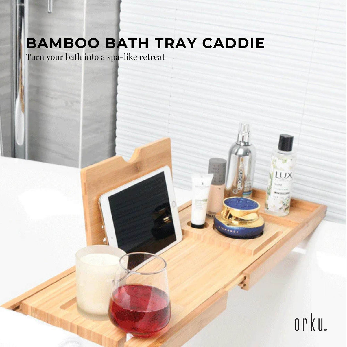 Luxury Adjustable Bamboo Bath Tray Caddy - Spa Book Wine & Accessories Holder V238-SUPDZ-41011690831952