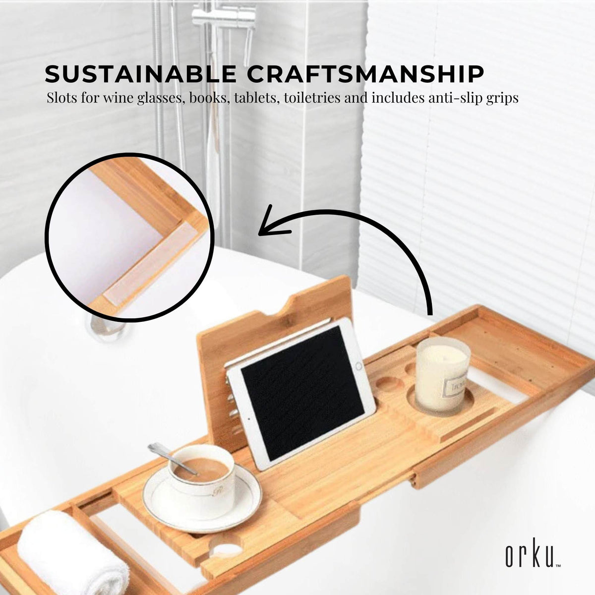 Luxury Adjustable Bamboo Bath Tray Caddy - Spa Book Wine & Accessories Holder V238-SUPDZ-41011690831952