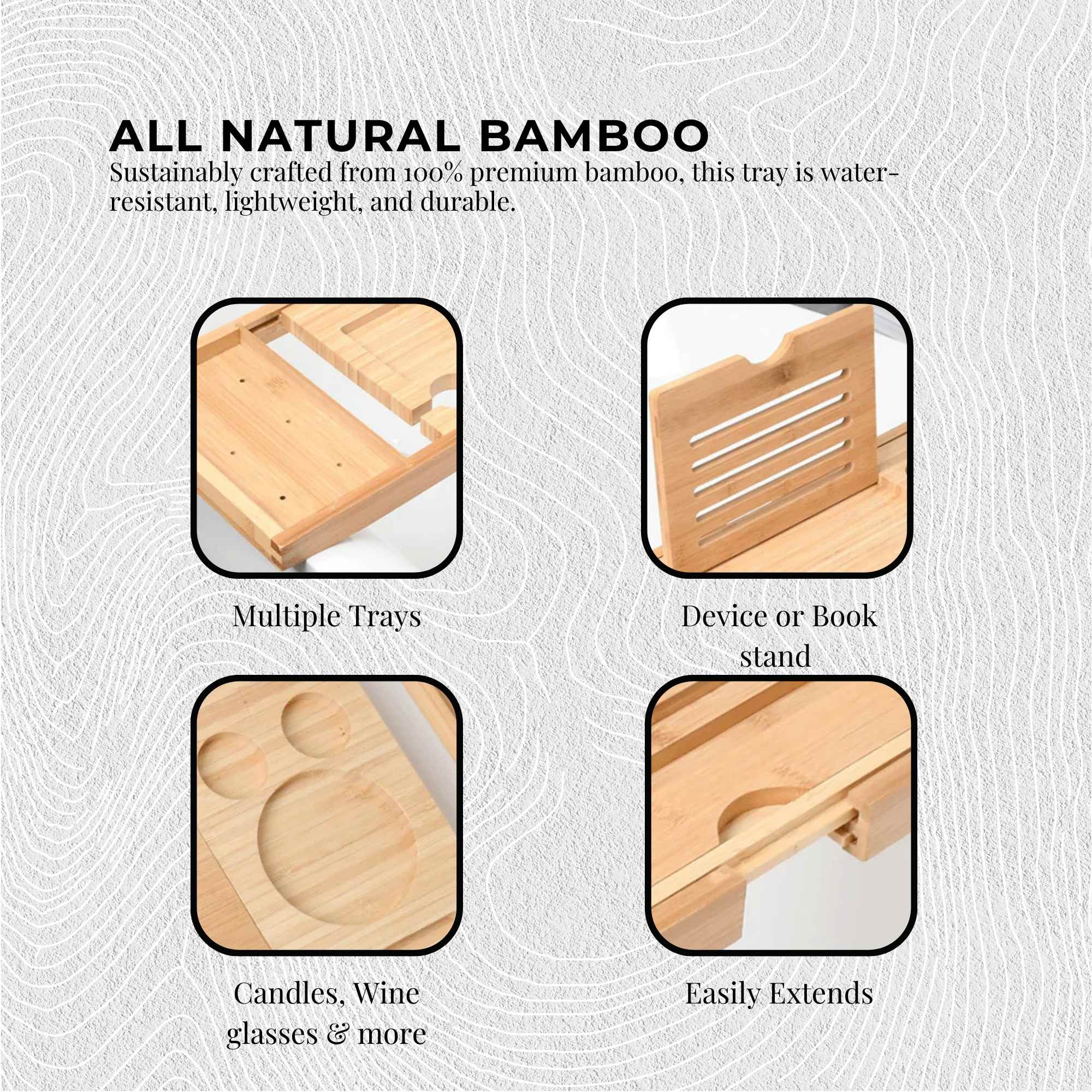 Luxury Adjustable Bamboo Bath Tray Caddy - Spa Book Wine & Accessories Holder V238-SUPDZ-41011690831952