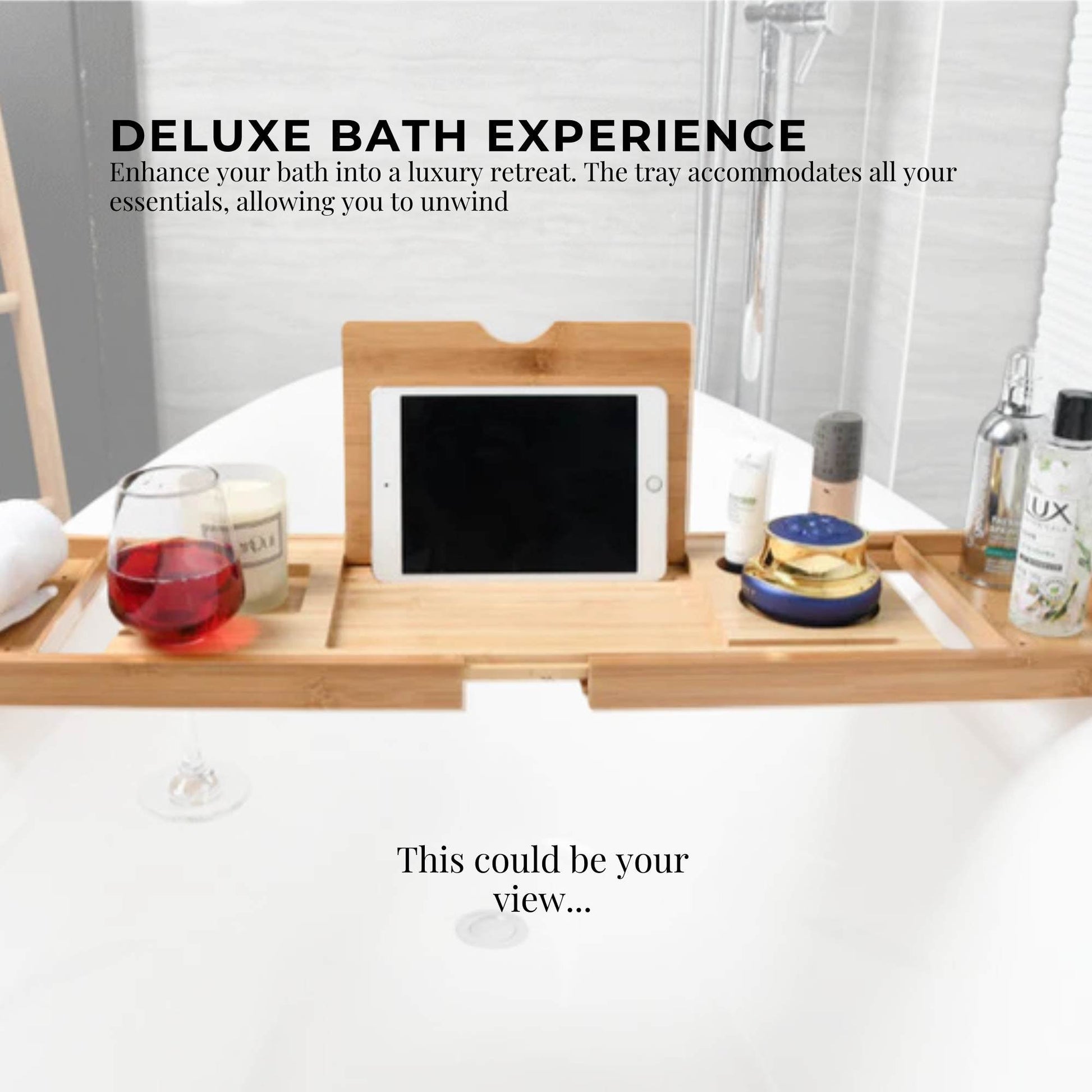 Luxury Adjustable Bamboo Bath Tray Caddy - Spa Book Wine & Accessories Holder V238-SUPDZ-41011690831952