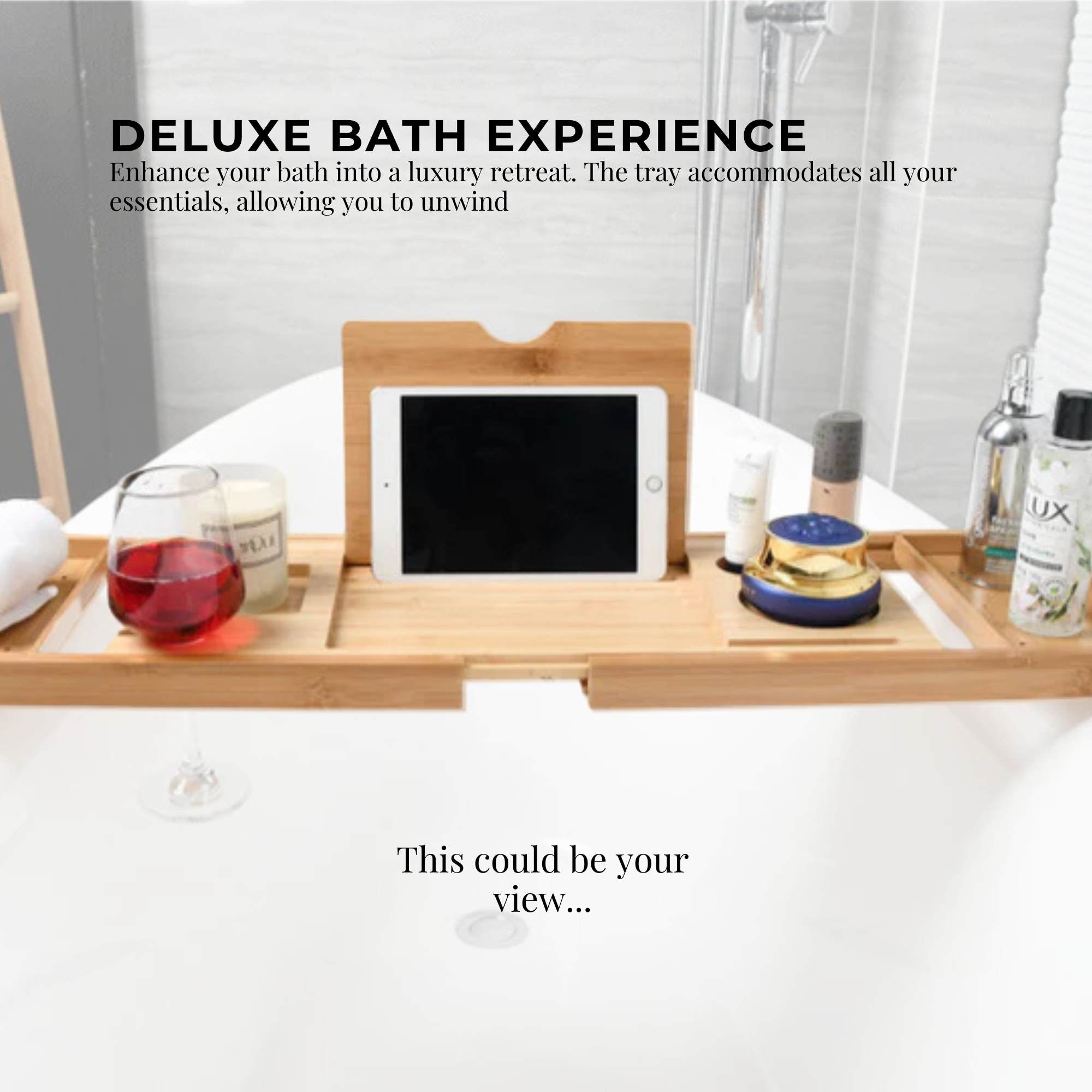Luxury Adjustable Bamboo Bath Tray Caddy - Spa Book Wine & Accessories Holder V238-SUPDZ-41011690831952