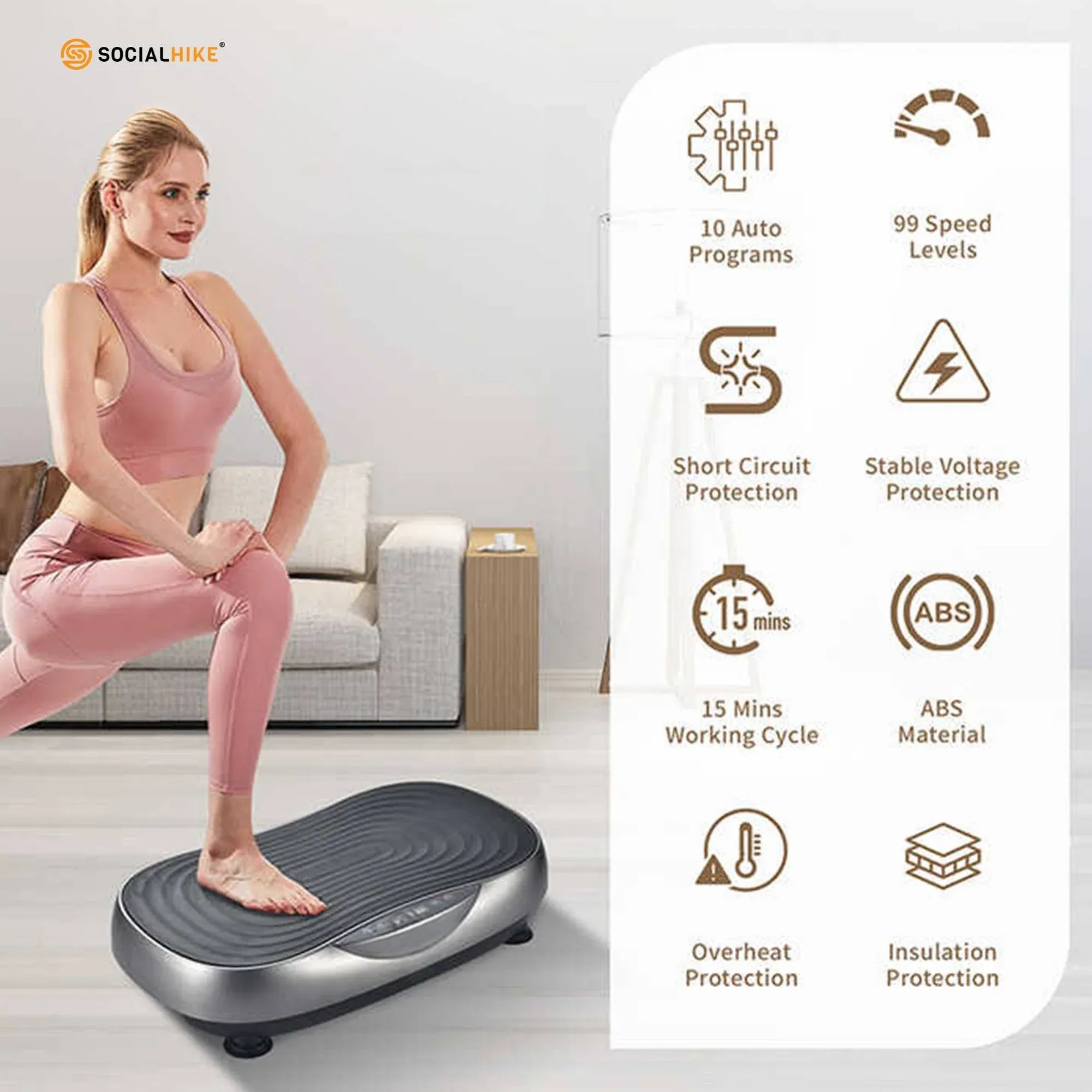 Social Hike 55cm Vibration Plate Machine Full Body Exercise Platform 200W Grey V238-SUPDZ-41072026419280