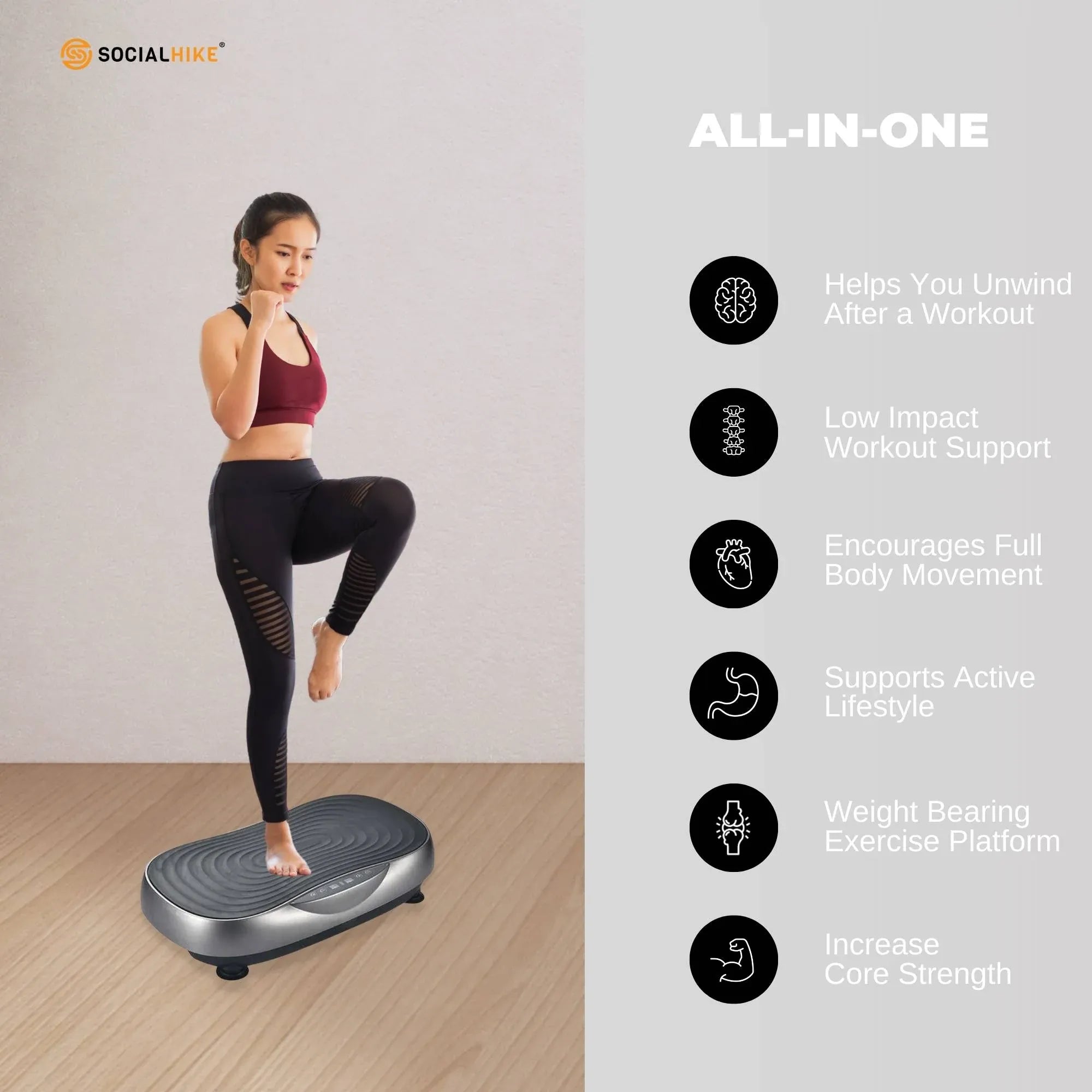 Social Hike 55cm Vibration Plate Machine Full Body Exercise Platform 200W Grey V238-SUPDZ-41072026419280