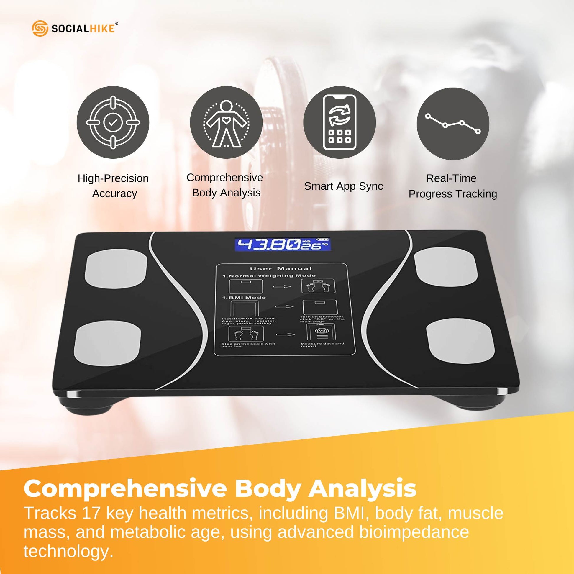Bluetooth Smart Body Fat Scale Black - Digital BMI Weight USB Recharge with App V238-SUPDZ-41073043996752