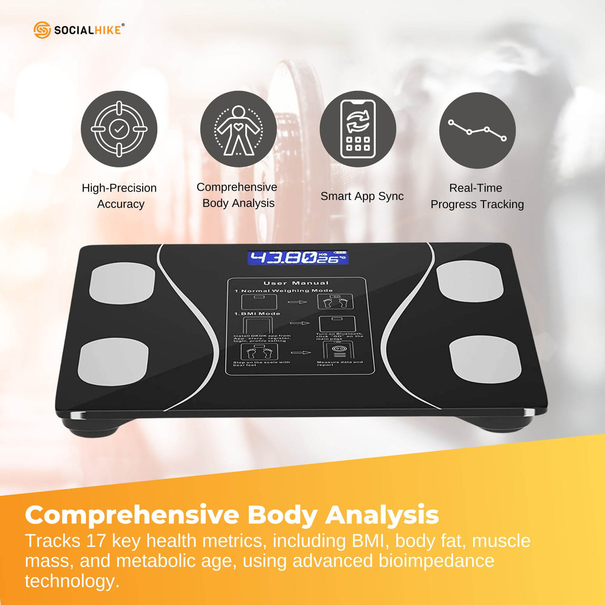 Bluetooth Smart Body Fat Scale Black - Digital BMI Weight USB Recharge with App V238-SUPDZ-41073043996752