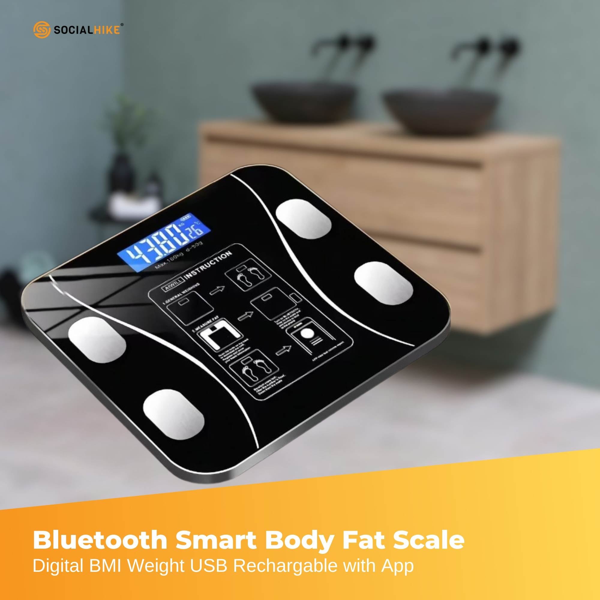 Bluetooth Smart Body Fat Scale Black - Digital BMI Weight USB Recharge with App V238-SUPDZ-41073043996752