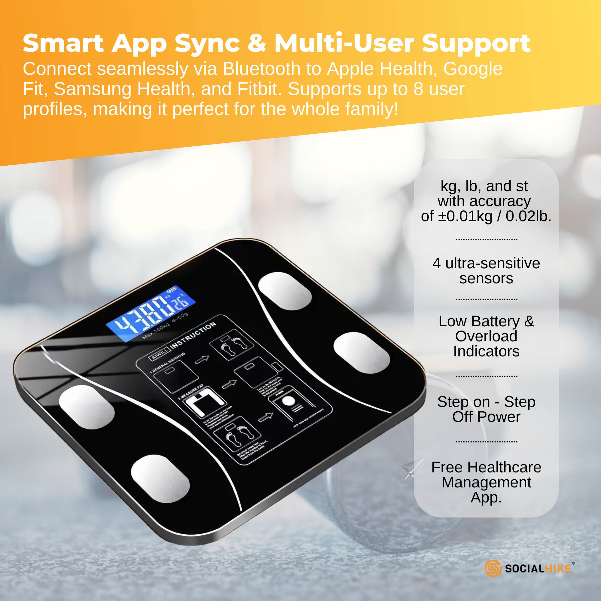 Bluetooth Smart Body Fat Scale Black - Digital BMI Weight USB Recharge with App V238-SUPDZ-41073043996752
