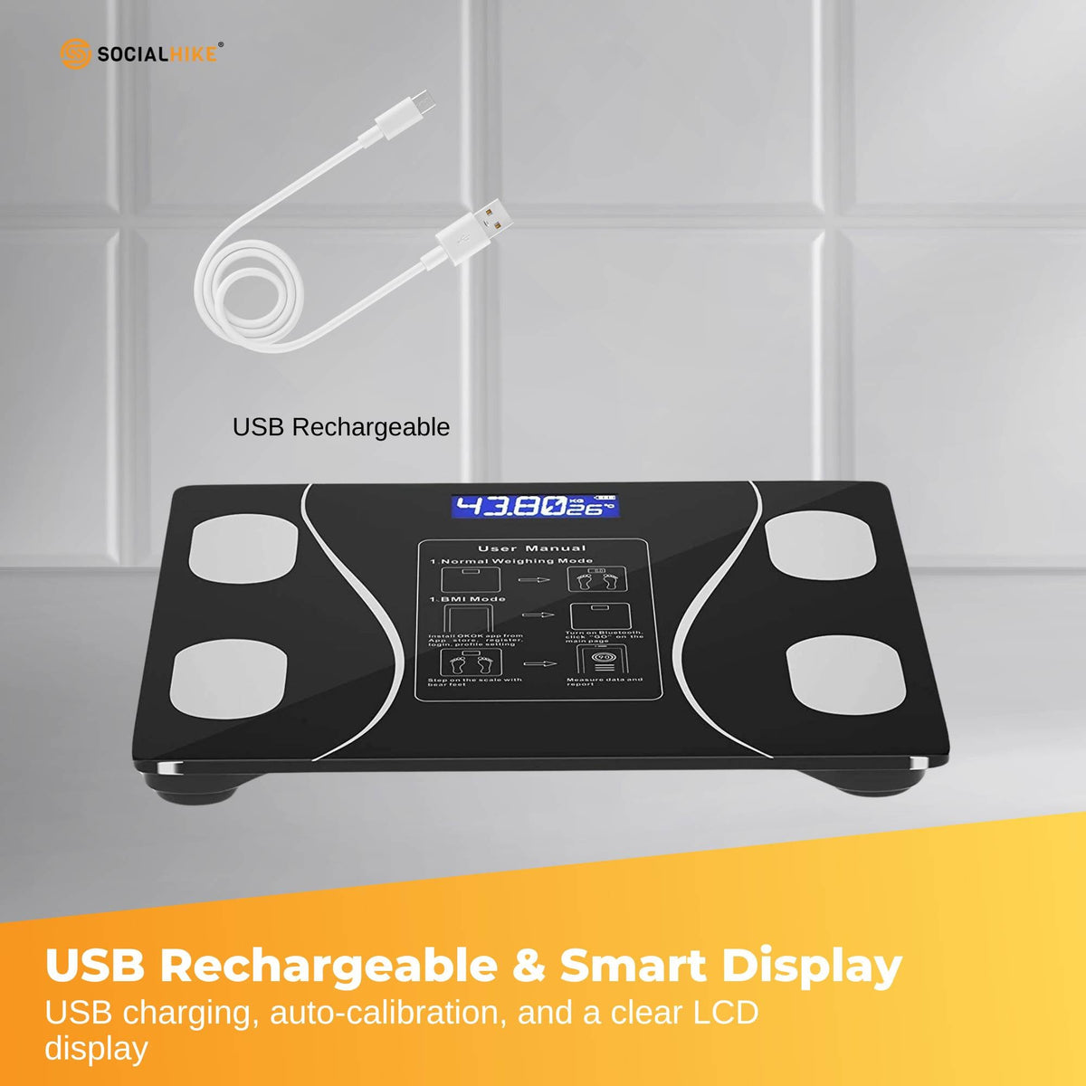 Bluetooth Smart Body Fat Scale Black - Digital BMI Weight USB Recharge with App V238-SUPDZ-41073043996752