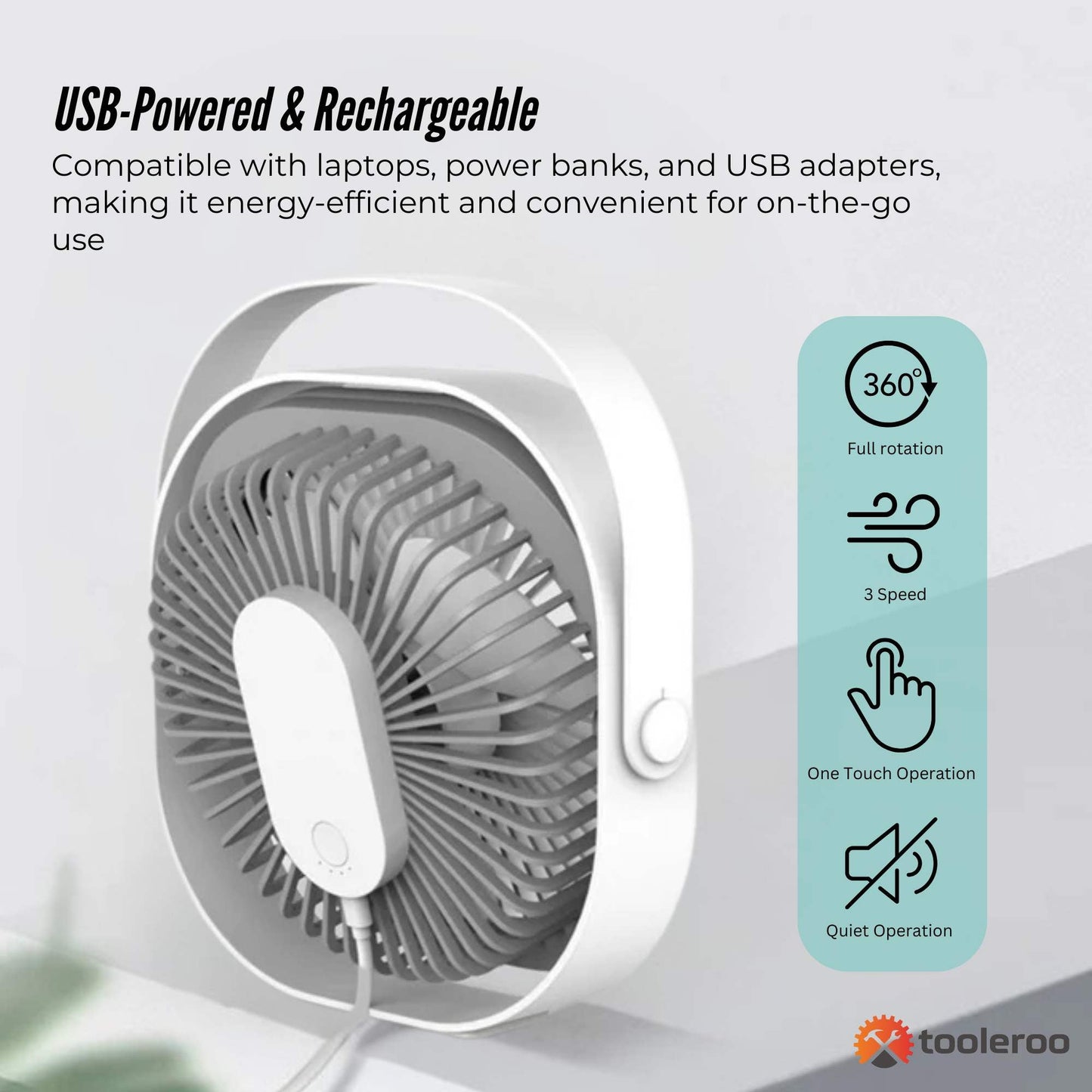 3-Speed USB 20cm Desktop Fan - Quiet Portable Lightweight Rechargeable Cooler V238-SUPDZ-41080411684944