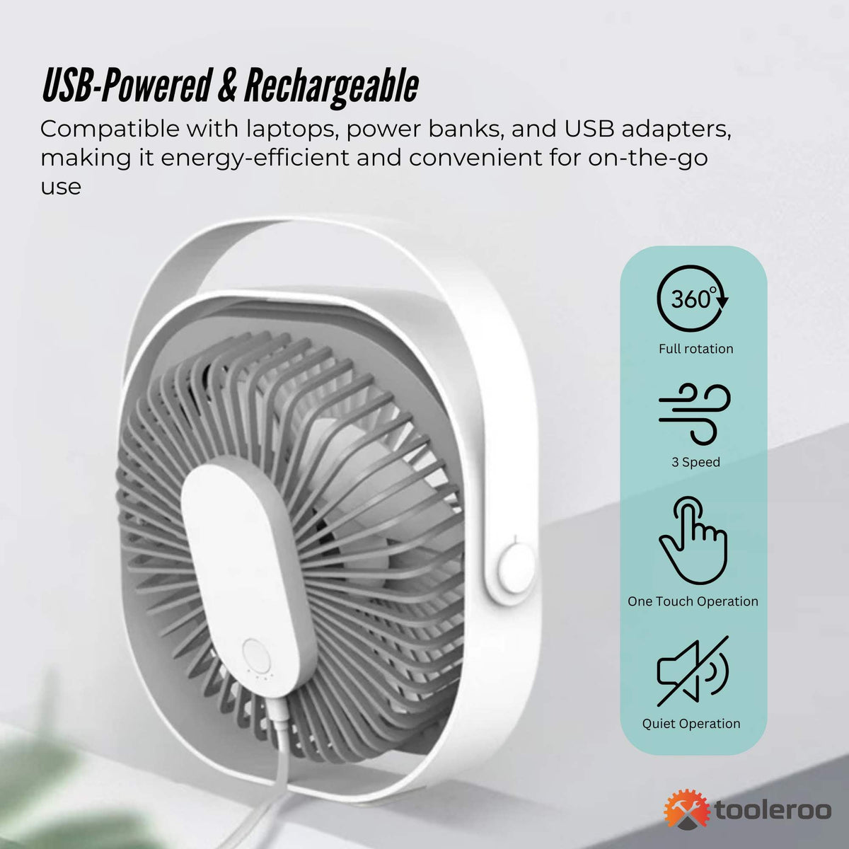 3-Speed USB 20cm Desktop Fan - Quiet Portable Lightweight Rechargeable Cooler V238-SUPDZ-41080411684944
