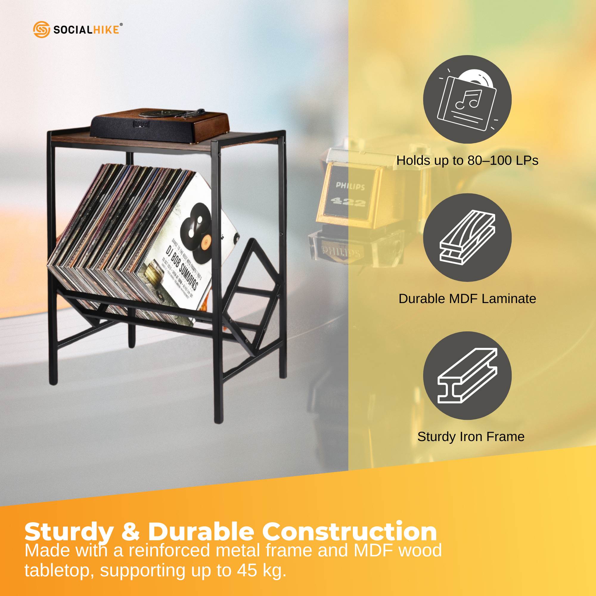 Social Hike Turntable Player Stand & Vinyl LP Record Album Storage - Black Metal V238-SUPDZ-41084844769360