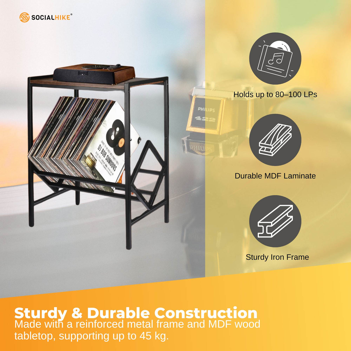 Social Hike Turntable Player Stand & Vinyl LP Record Album Storage - Black Metal V238-SUPDZ-41084844769360