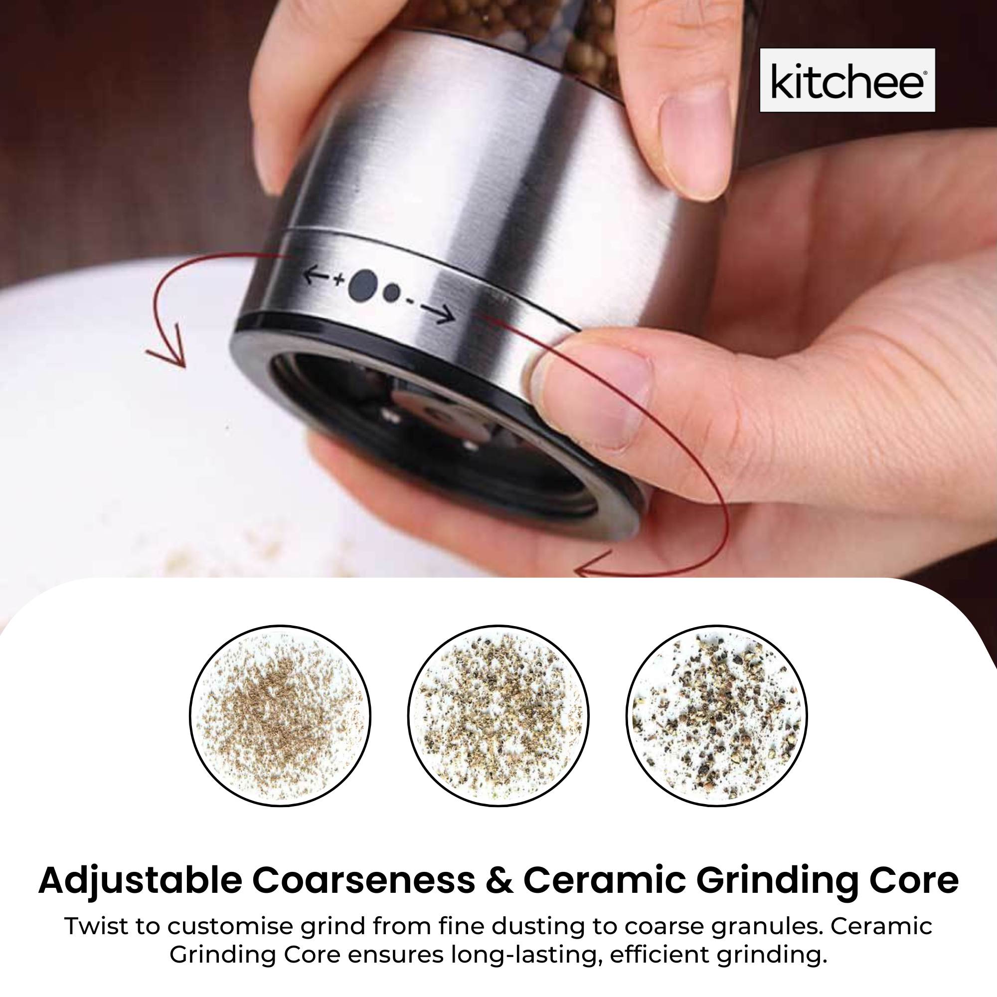 Kitchee Stainless Steel Salt Pepper Spice Grinder Mill - Adjustable Coarseness V238-SUPDZ-41086985568336
