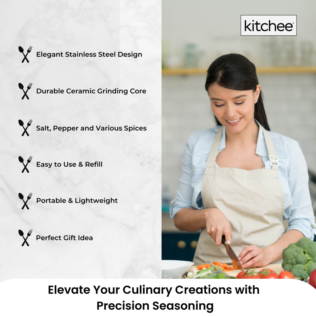 Kitchee Stainless Steel Salt Pepper Spice Grinder Mill - Adjustable Coarseness V238-SUPDZ-41086985568336