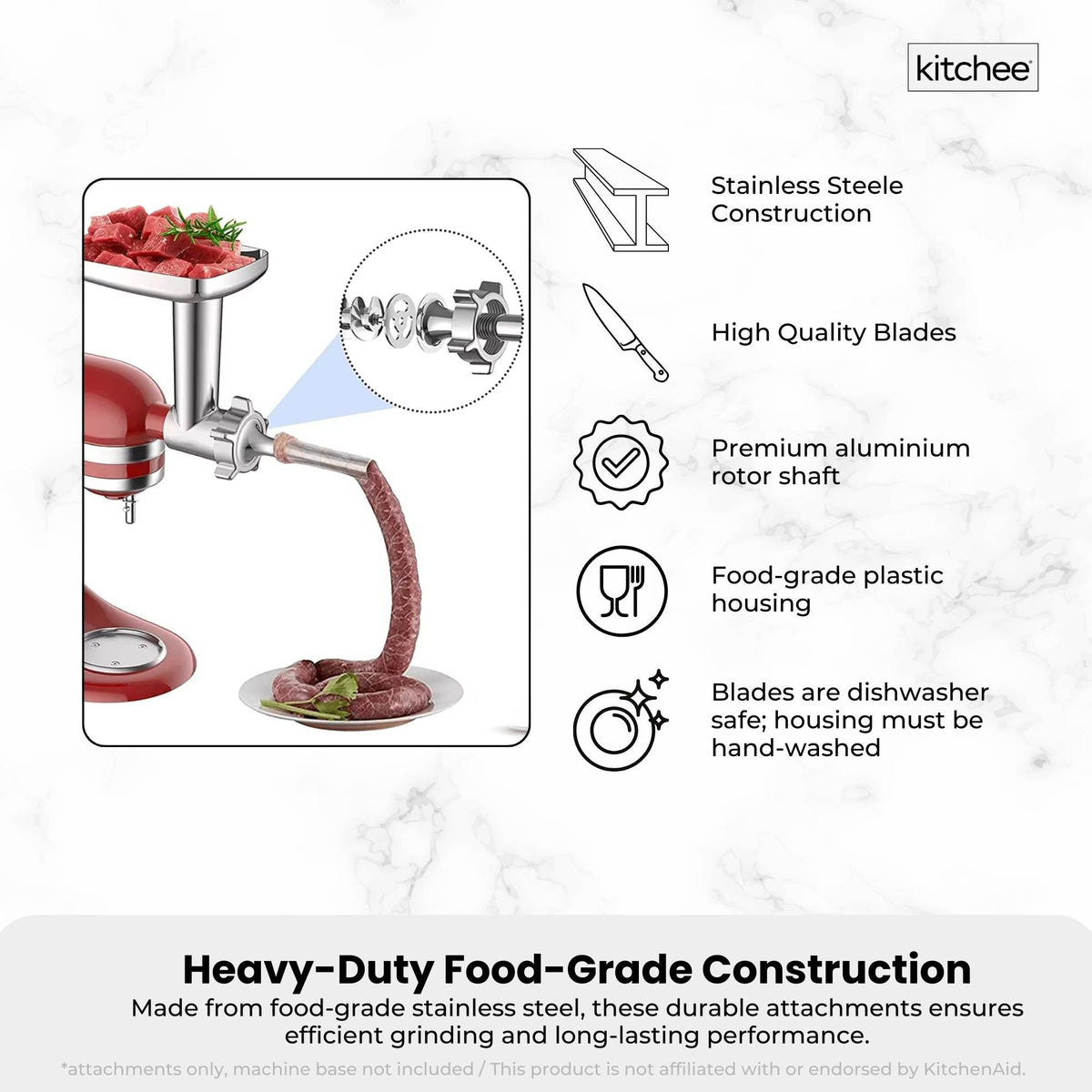 Kitchee Meat Food Grinder Sausage Attachment - Compatible with KitchenAid Mixers V238-SUPDZ-41088019529808