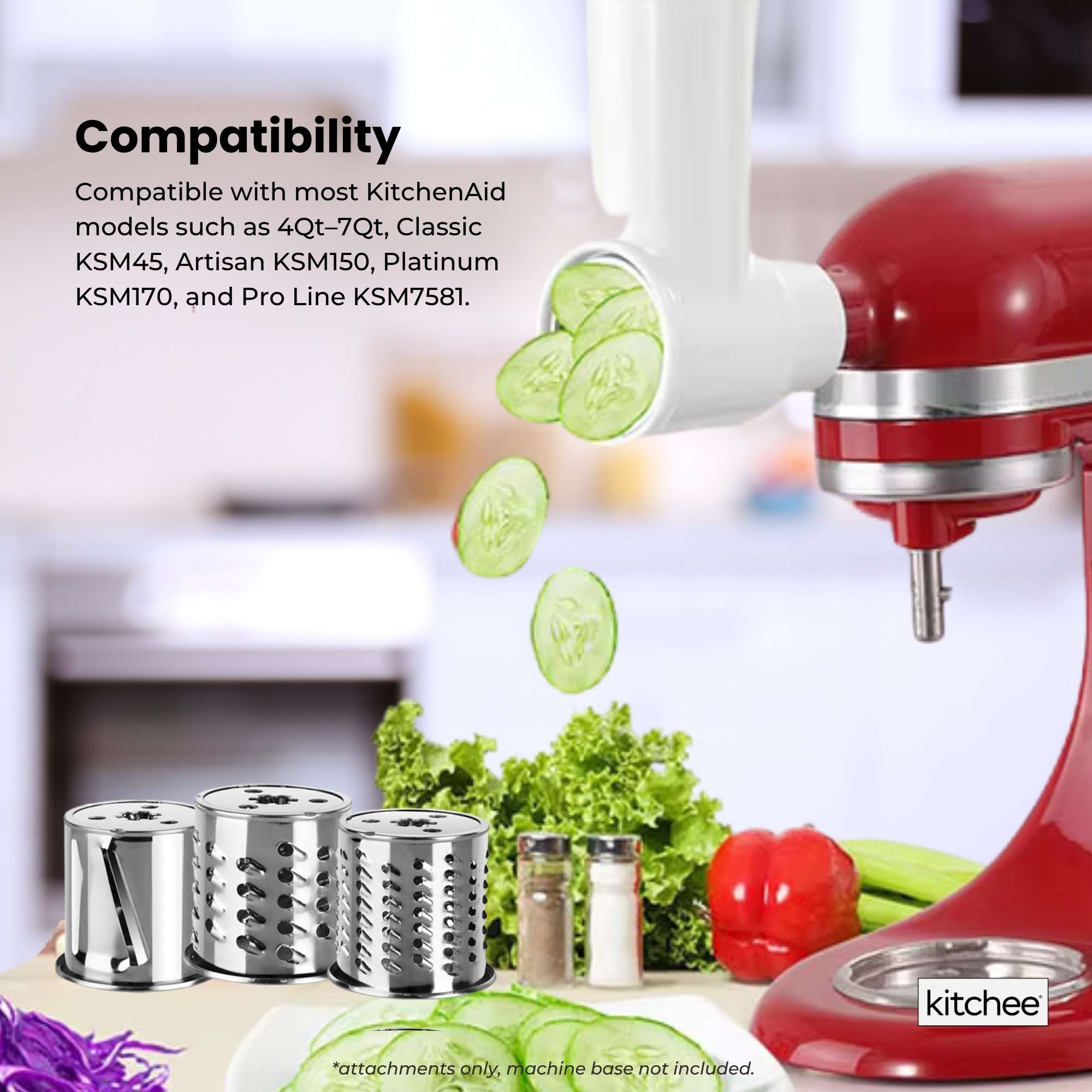 Kitchee Slicer Shredder Grater 3 Attachments - Compatible with KitchenAid Mixer V238-SUPDZ-41099036098640