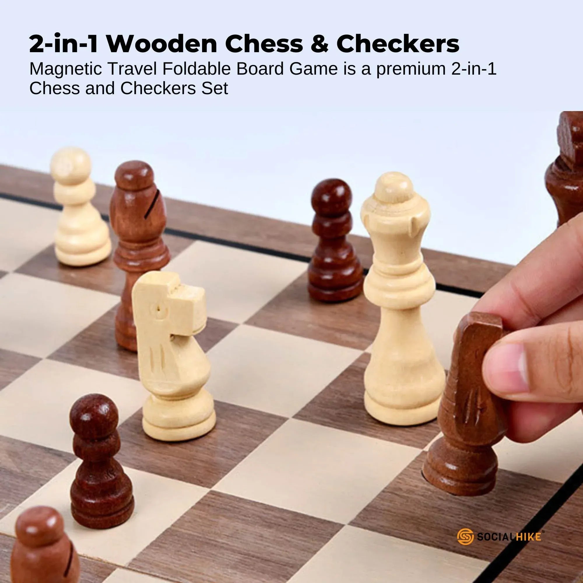 Social Hike 2 in 1 Magnetic Wooden Chess and Checkers Set - Portable Game Board V238-SUPDZ-41113523159120