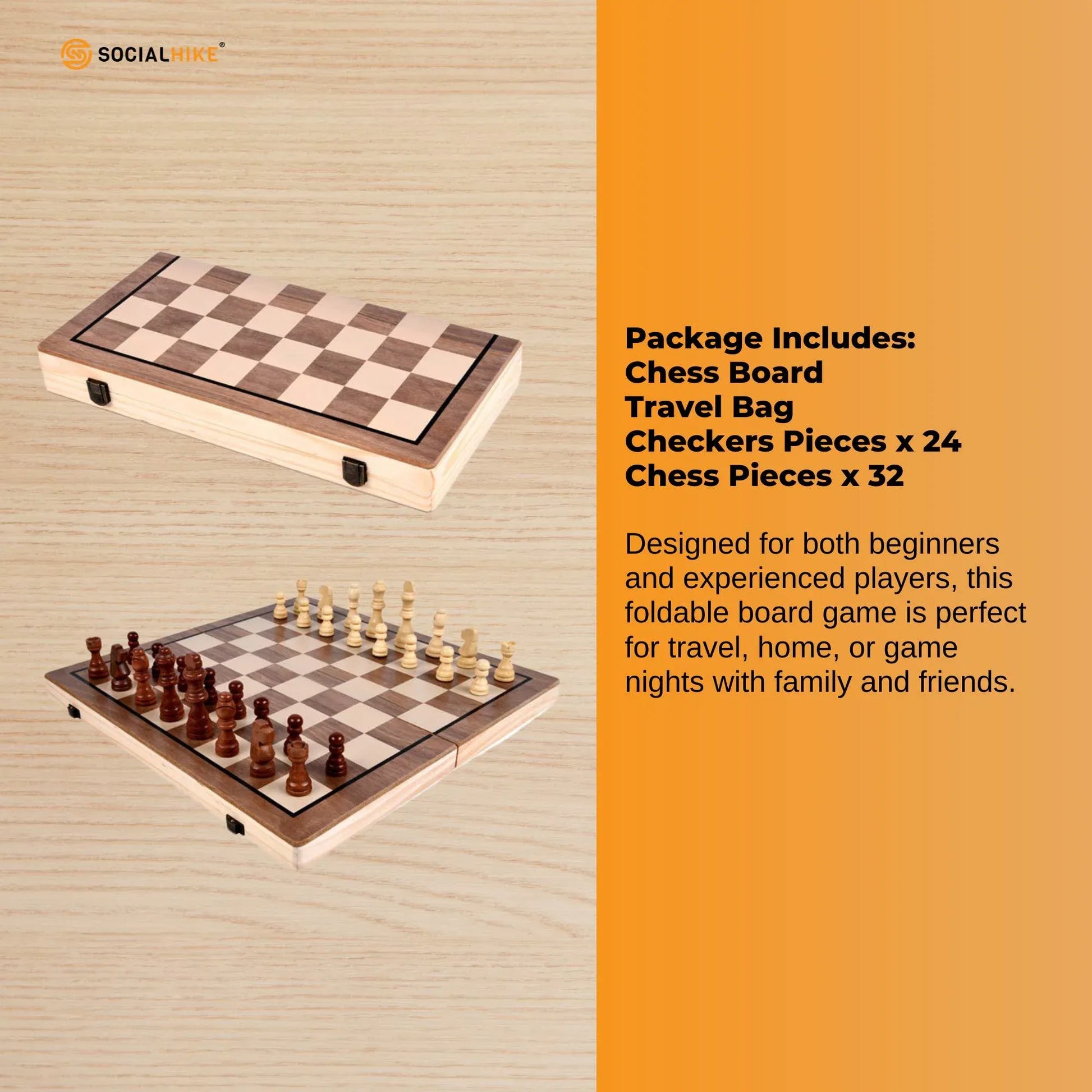 Social Hike 2 in 1 Magnetic Wooden Chess and Checkers Set - Portable Game Board V238-SUPDZ-41113523159120