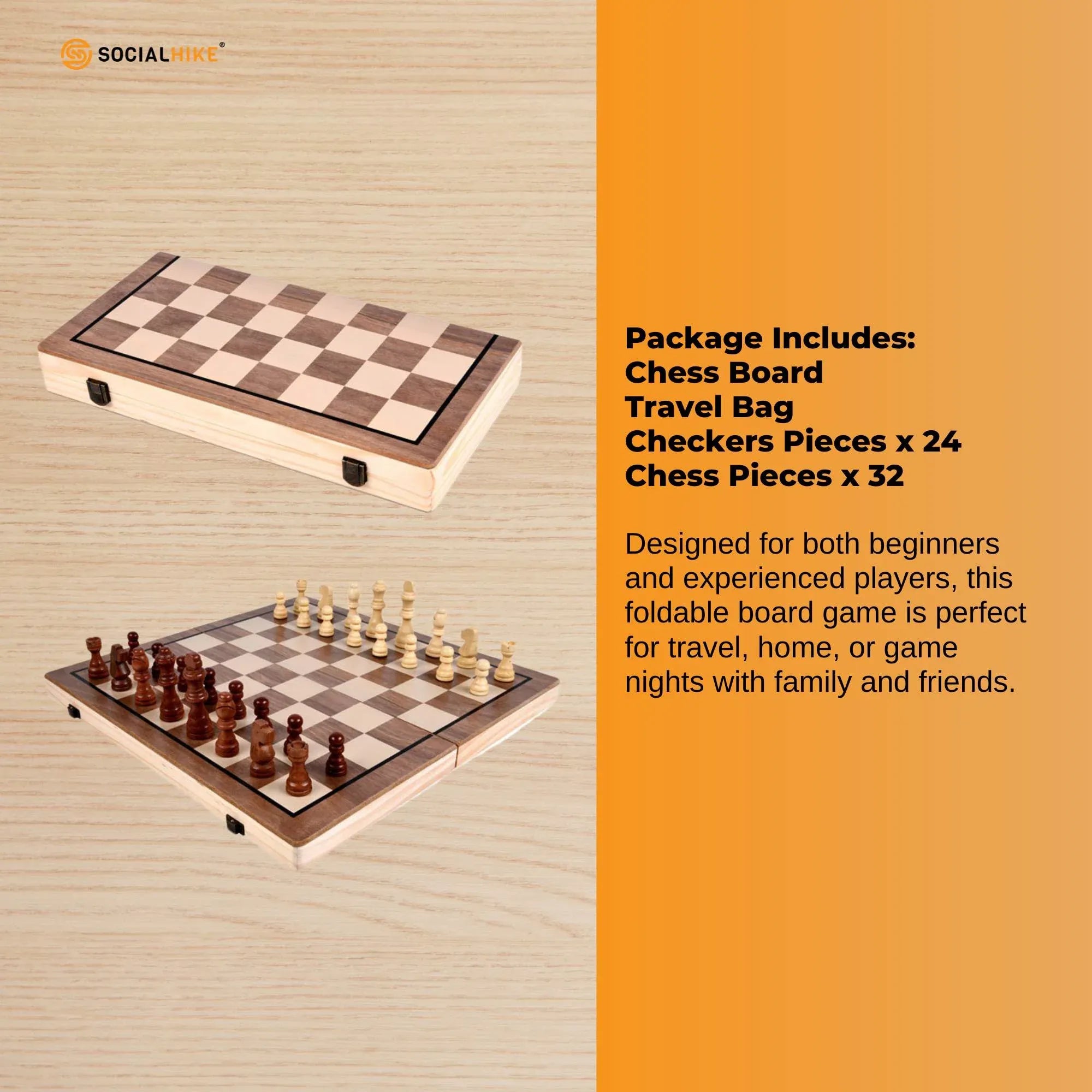 Social Hike 2 in 1 Magnetic Wooden Chess and Checkers Set - Portable Game Board V238-SUPDZ-41113523159120