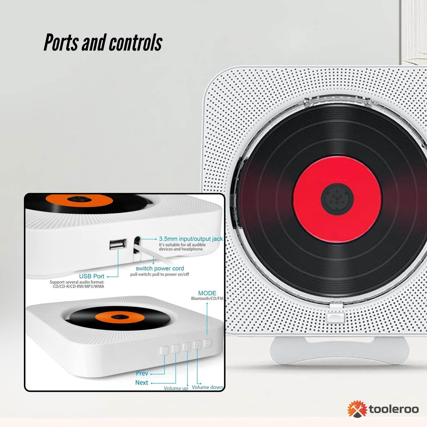 Tooleroo Wall Mountable CD Player Speaker - Bluetooth HiFi FM Radio White V238-SUPDZ-41113578569808