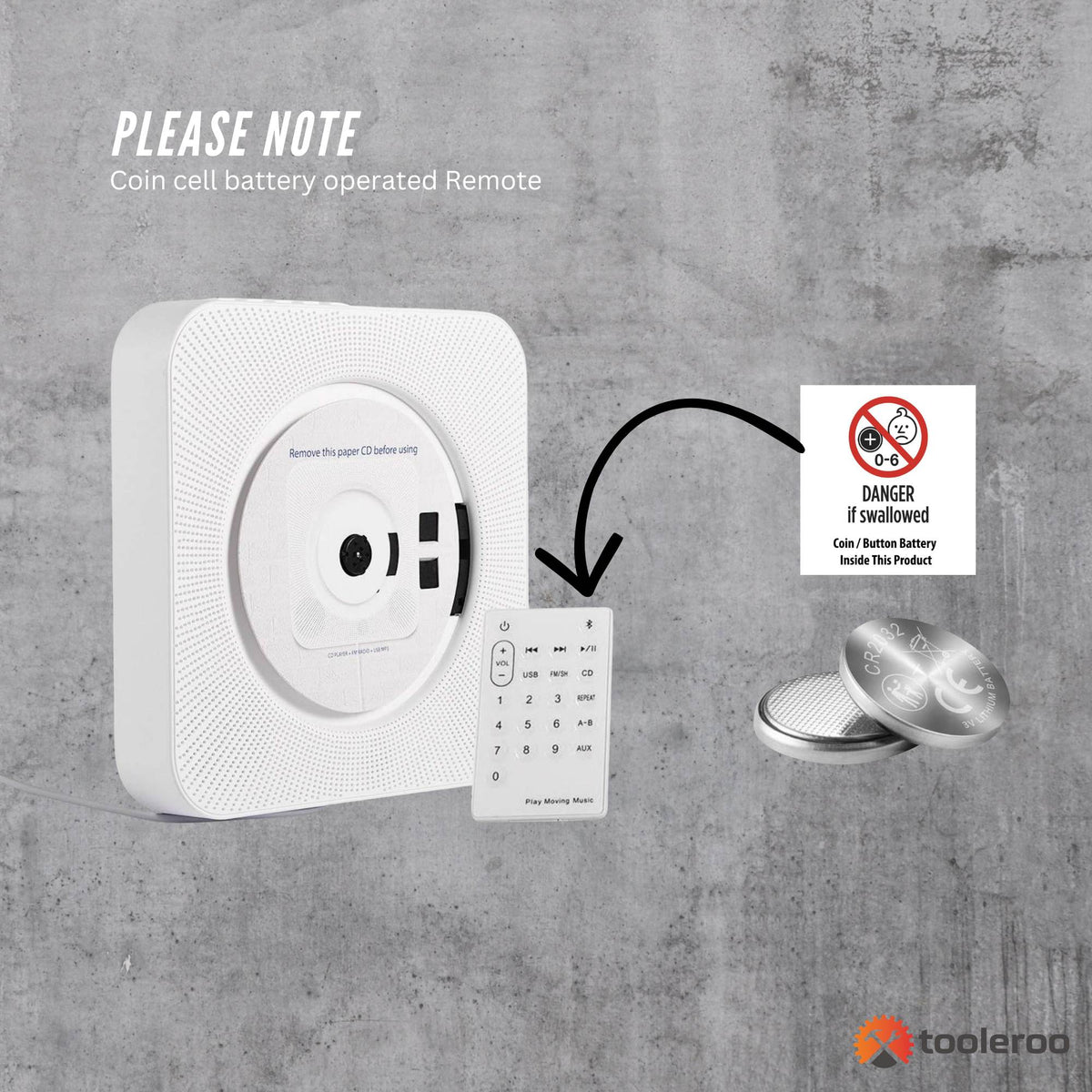 Tooleroo Wall Mountable CD Player Speaker - Bluetooth HiFi FM Radio White V238-SUPDZ-41113578569808