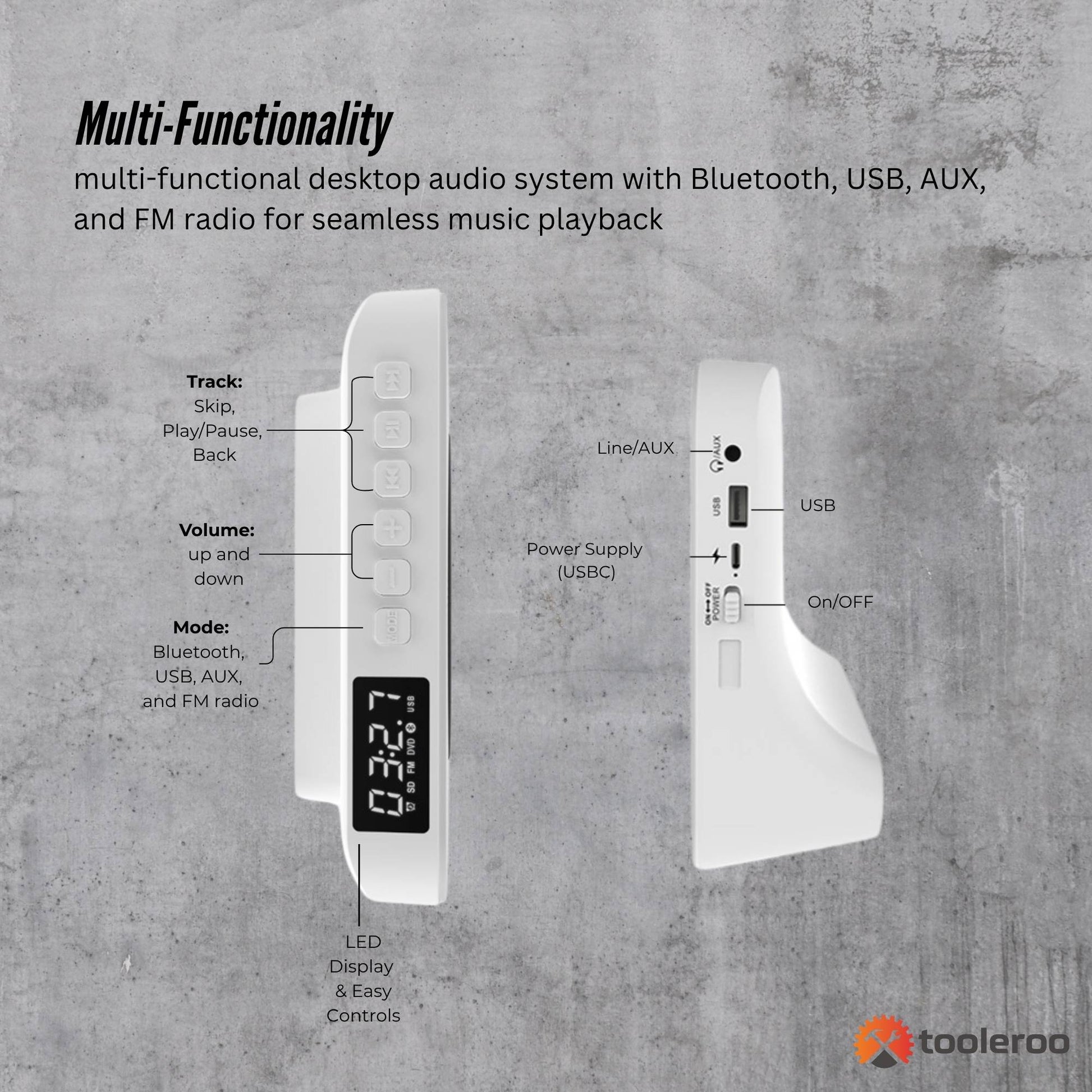 Tooleroo USB Rechargeable Desktop CD Player Speaker - Bluetooth Portable White V238-SUPDZ-41115085340752