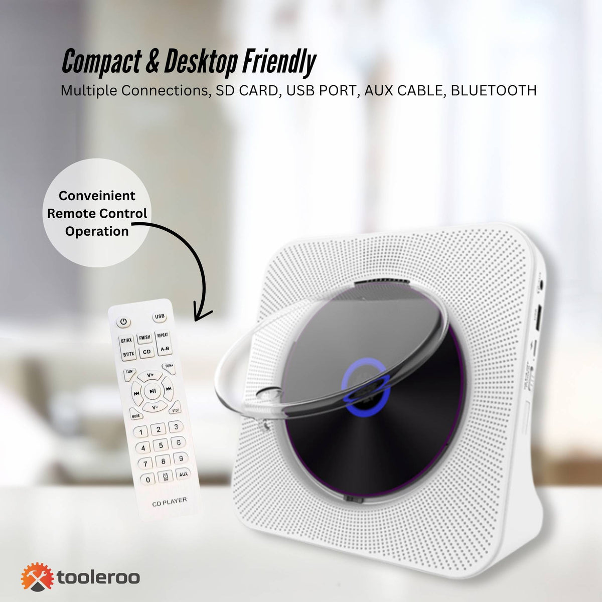 Tooleroo USB Rechargeable Desktop CD Player Speaker - Bluetooth Portable White V238-SUPDZ-41115085340752